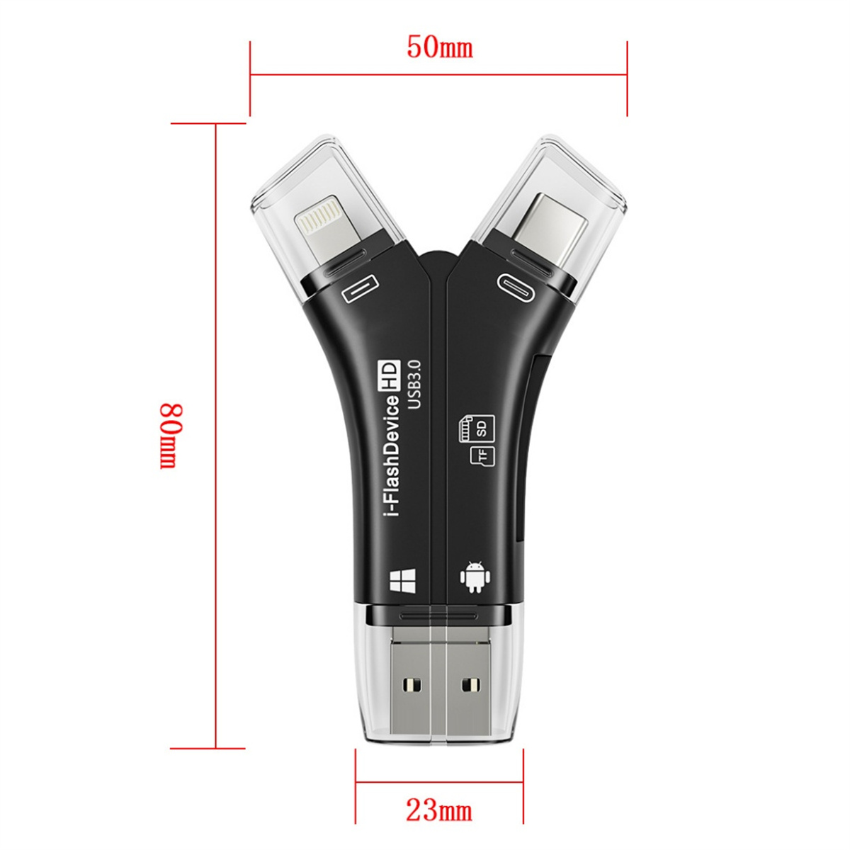 Ein USB-Adapter mit drei Anschlüssen, Abmessungen 80 mm x 50 mm x 23 mm.