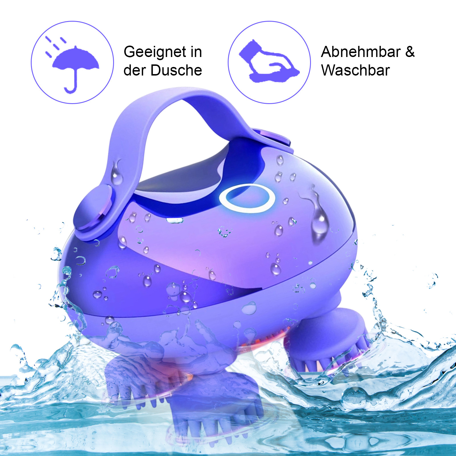 Ein violettes Massagegerät im Wasser, mit Symbolen für Dusch- und Waschbarkeit.