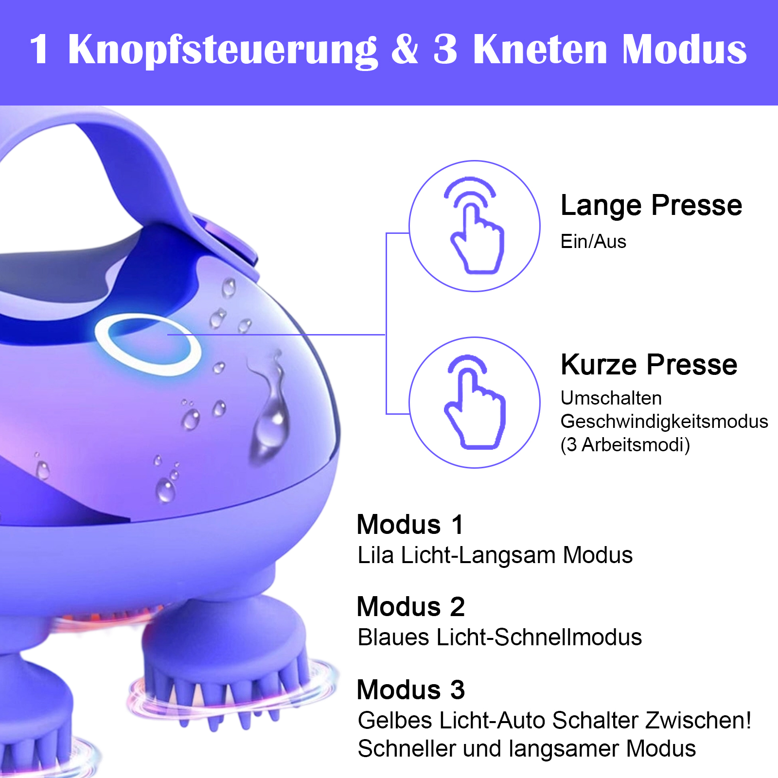 Nahaufnahme eines lila Kopfmassagegeräts mit Text über die Modi.