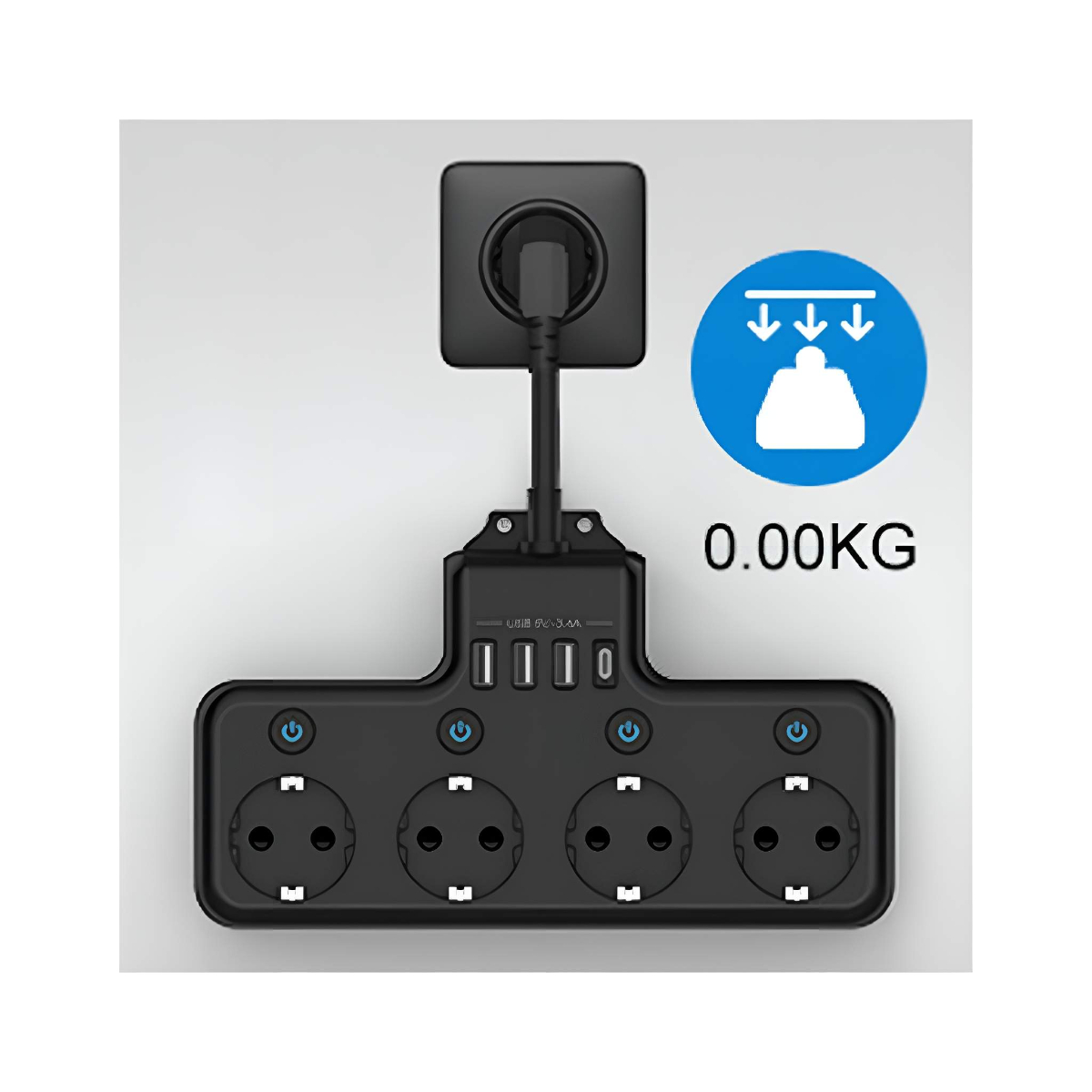 Schwarze Steckdosenleiste mit vier Steckdosen, USB-Anschlüssen und einem Stecker. Blaues Symbol zeigt Gewicht als 0,00 kg.