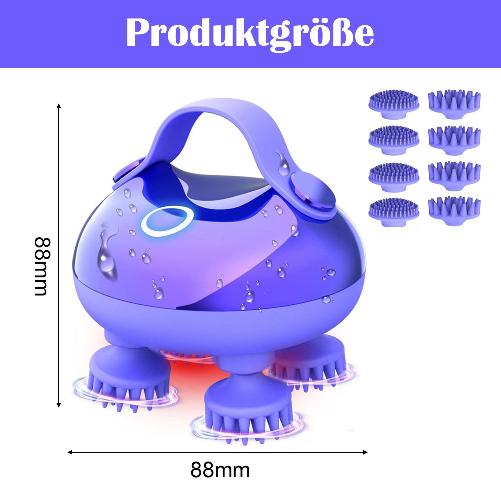 Lila Kopfhautmassagegerät mit Griff, Abmessungen 88 mm x 88 mm. Mehrere Bürstenköpfe werden rechts angezeigt.