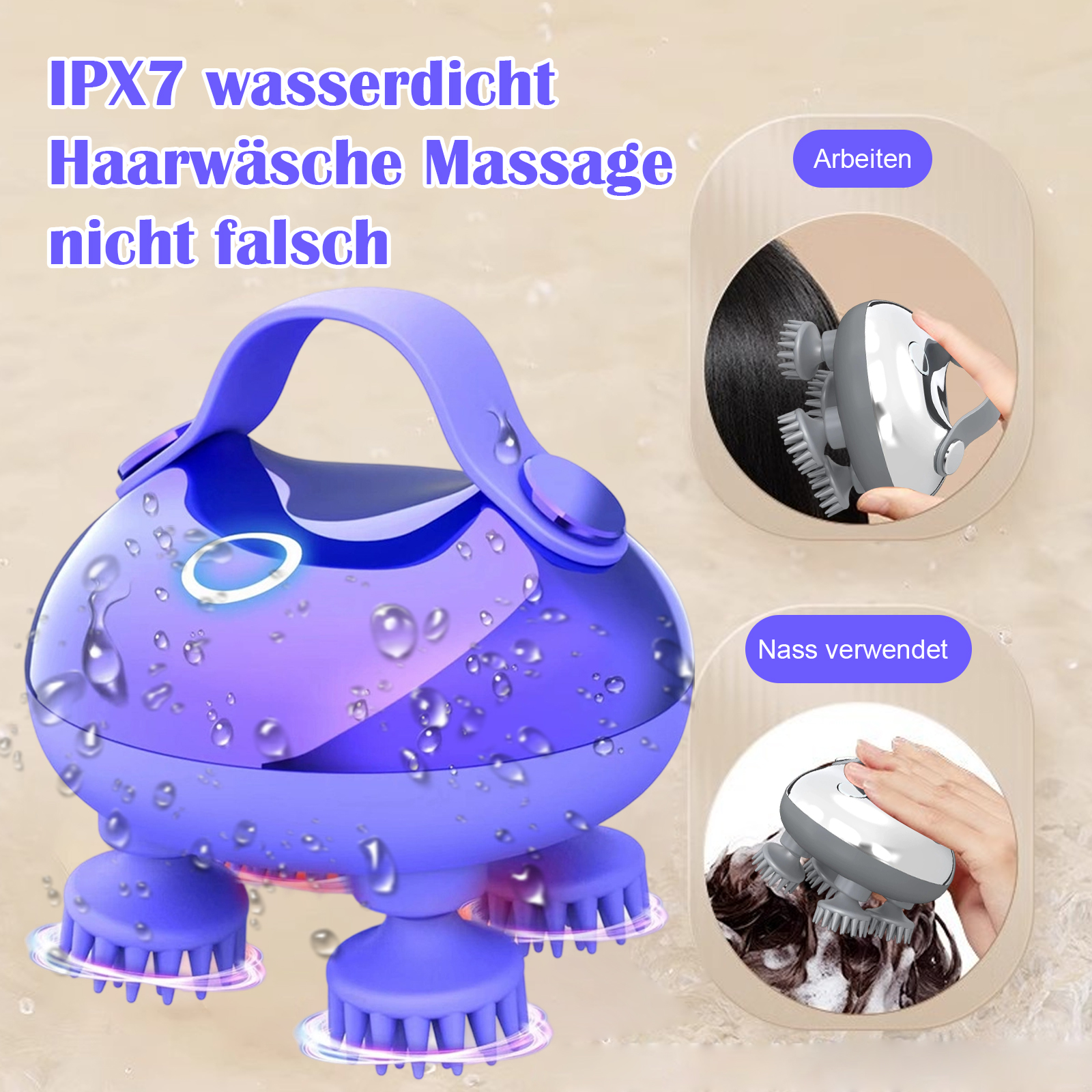 Lila Kopfhautmassagegerät, mit Wassertropfen und zusätzlichen Bildern. Zeigt die Nassnutzung und eine Frau, die es benutzt.
