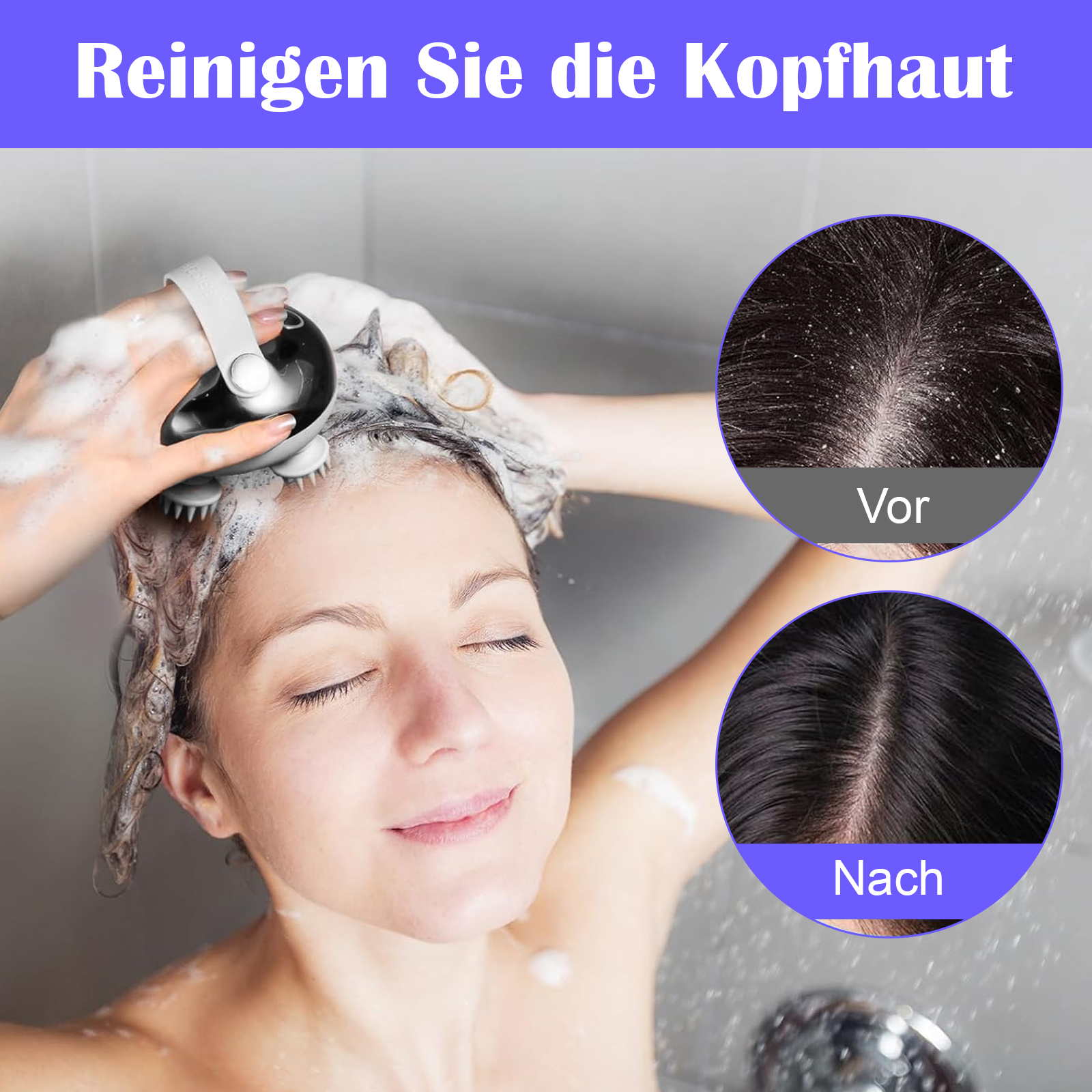 Frau benutzt ein schwarz-weißes Kopfhautmassagegerät. Bilder zeigen Vorher-Nachher-Effekt, mit sauberem Haar.