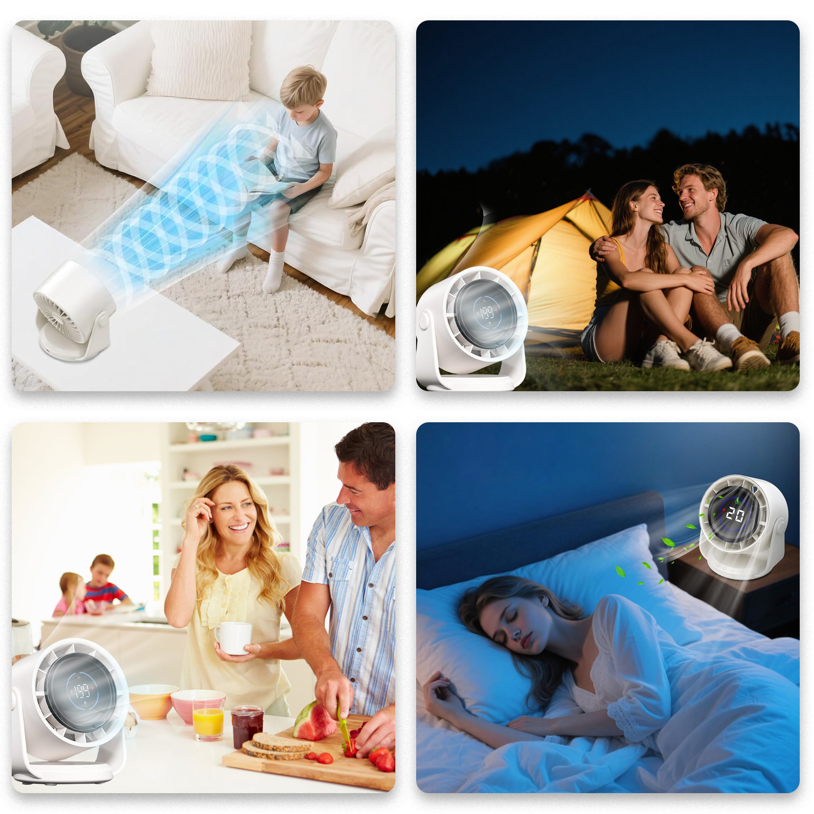 Mehrere Szenarien mit einem weißen Ventilator in Gebrauch. Szenen: Zuhause, Küche, Camping und Schlafzimmer bei Nacht.