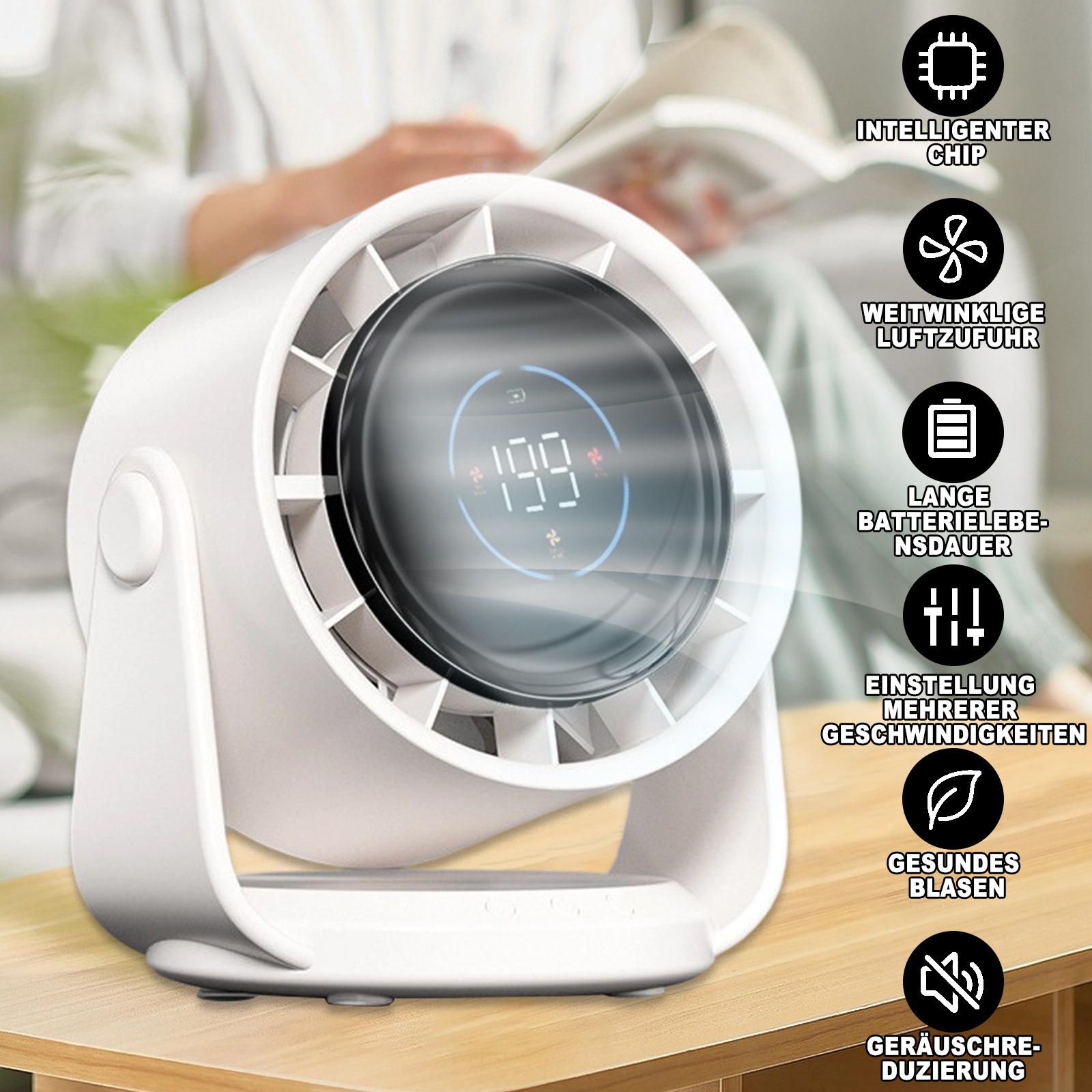 Weißer Ventilator mit Digitalanzeige. Eigenschaften: Intelligenter Chip, Weitwinkel-Luftstrom, lange Akkulaufzeit und mehr.