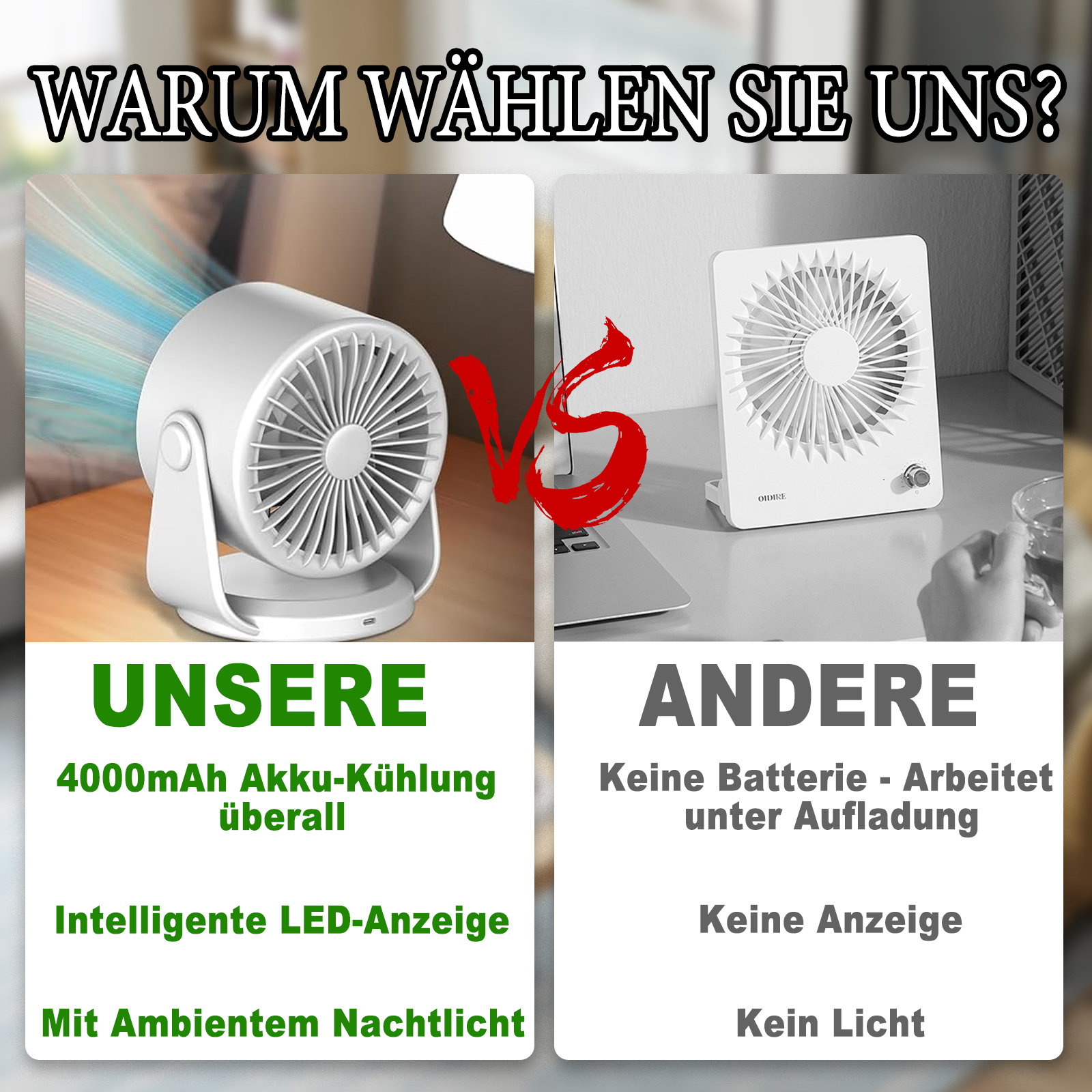 Vergleich eines weißen Ventilators und eines ähnlichen Ventilators. Der weiße Ventilator hat Funktionen wie einen 4000-mAh-Akku.