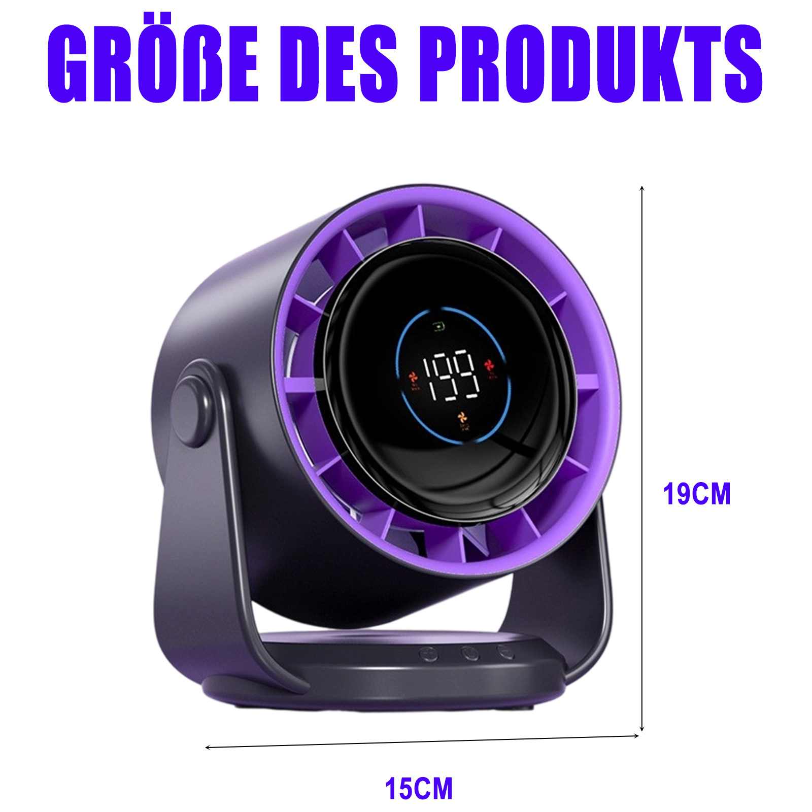 Lila verzierter Ventilator. Abmessungen: 19cm hoch und 15cm breit. Display zeigt 199.