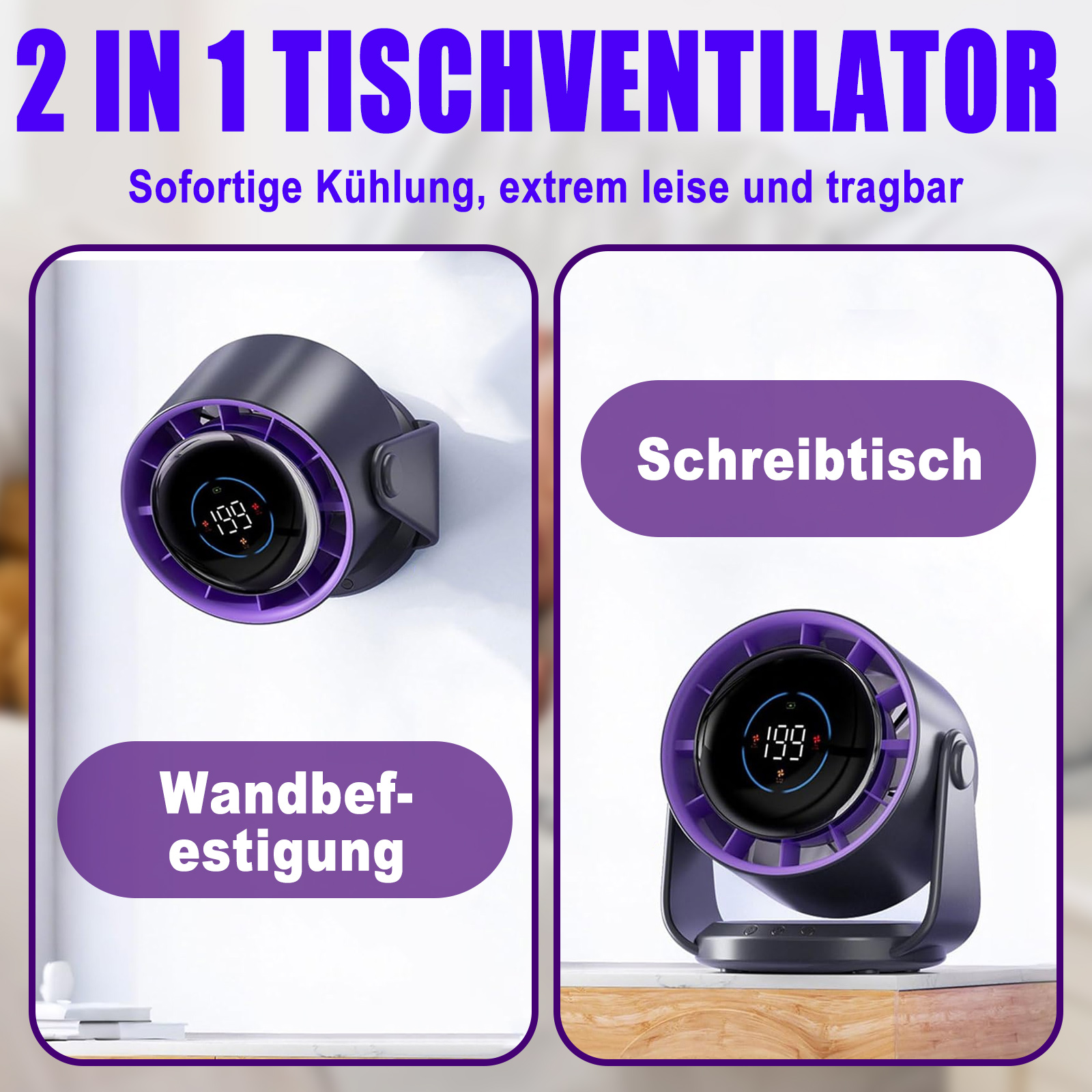 Bilder eines lila Ventilators in Wand- und Tischkonfigurationen. Text auf Deutsch.