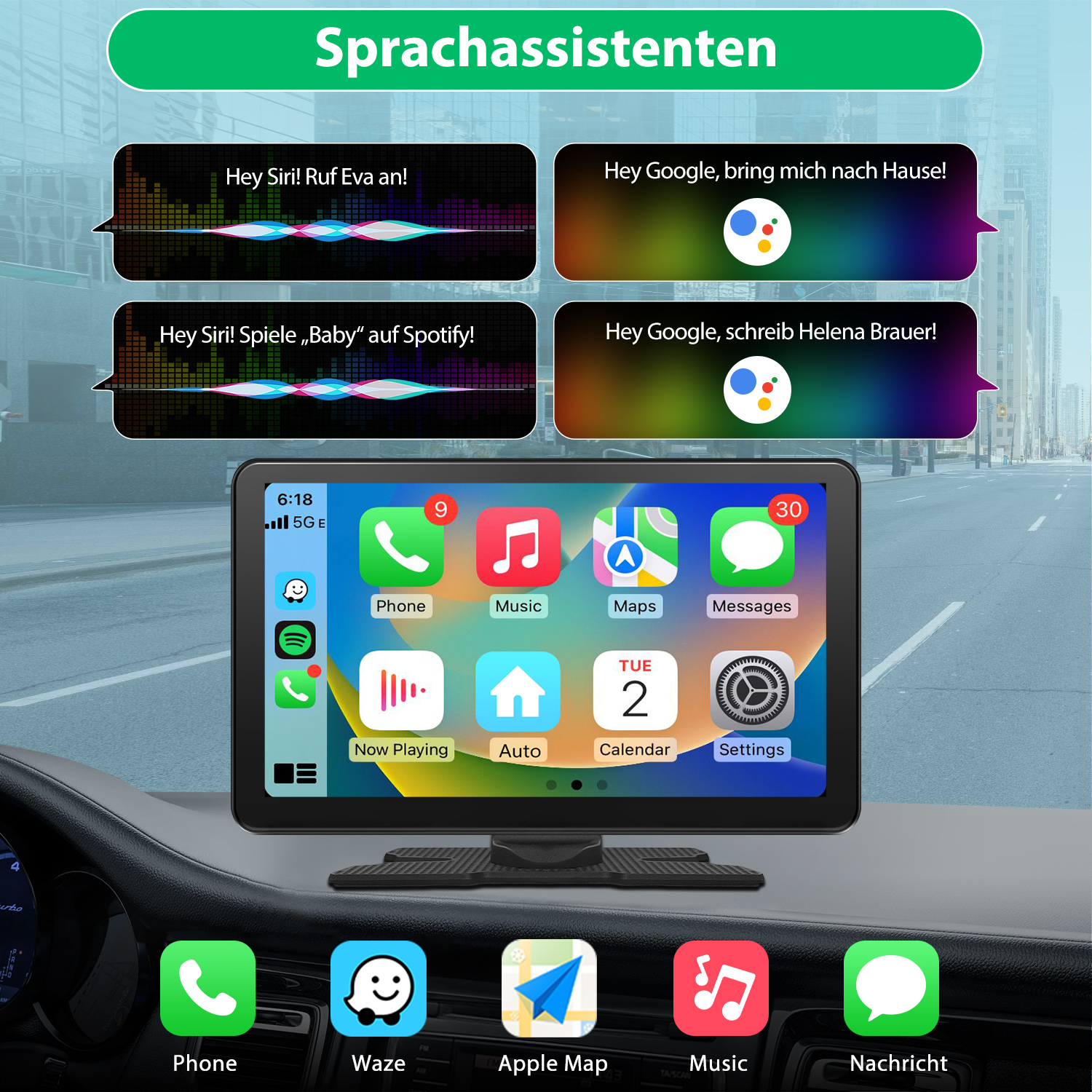 Deska rozdzielcza samochodu z ekranem pokazującym aplikacje, takie jak telefon, muzyka i mapy, z dymkami poleceń głosowych.