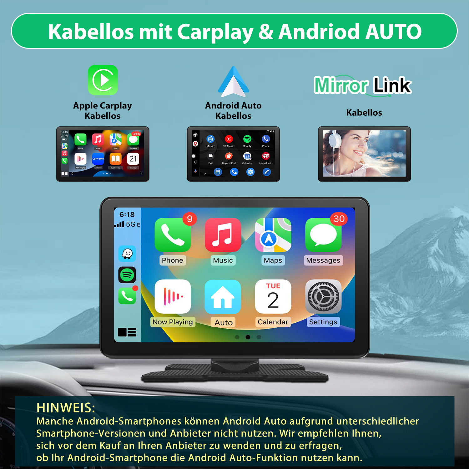 Ekran Carplay i Android Auto, plus ekran główny z aplikacjami na desce rozdzielczej samochodu.