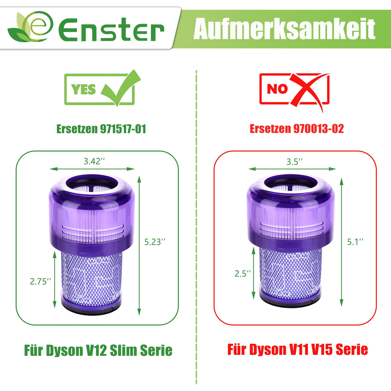 Vergleich von Dyson-Staubsaugerfiltern: einer passt für V12 Slim-Serie, der andere für V11 und V15-Serien, mit Abmessungen.