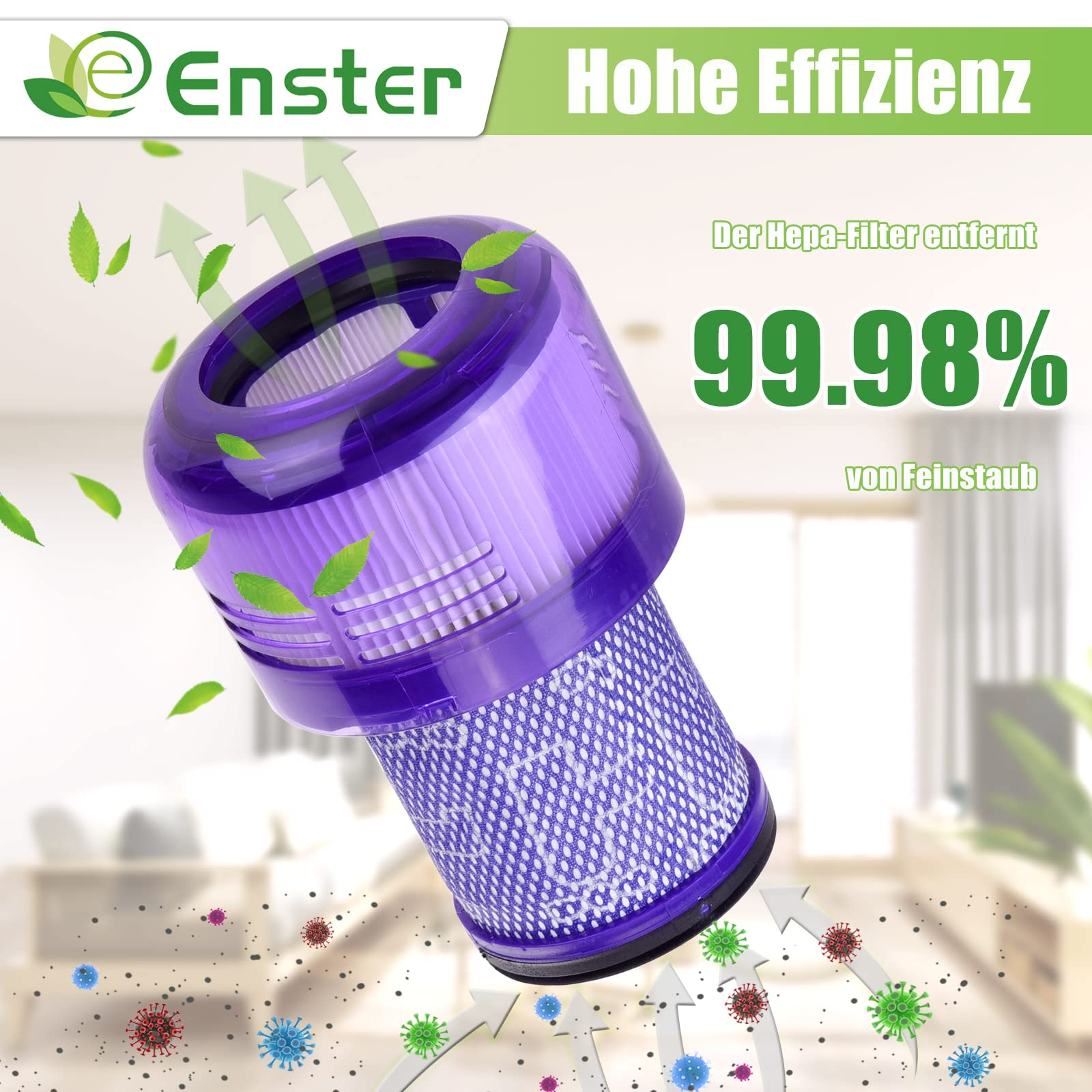 Dyson-Staubsaugerfilter mit Anzeige von 99,98 % Feinstaubentfernung, mit grünen Blättern und Keimen.