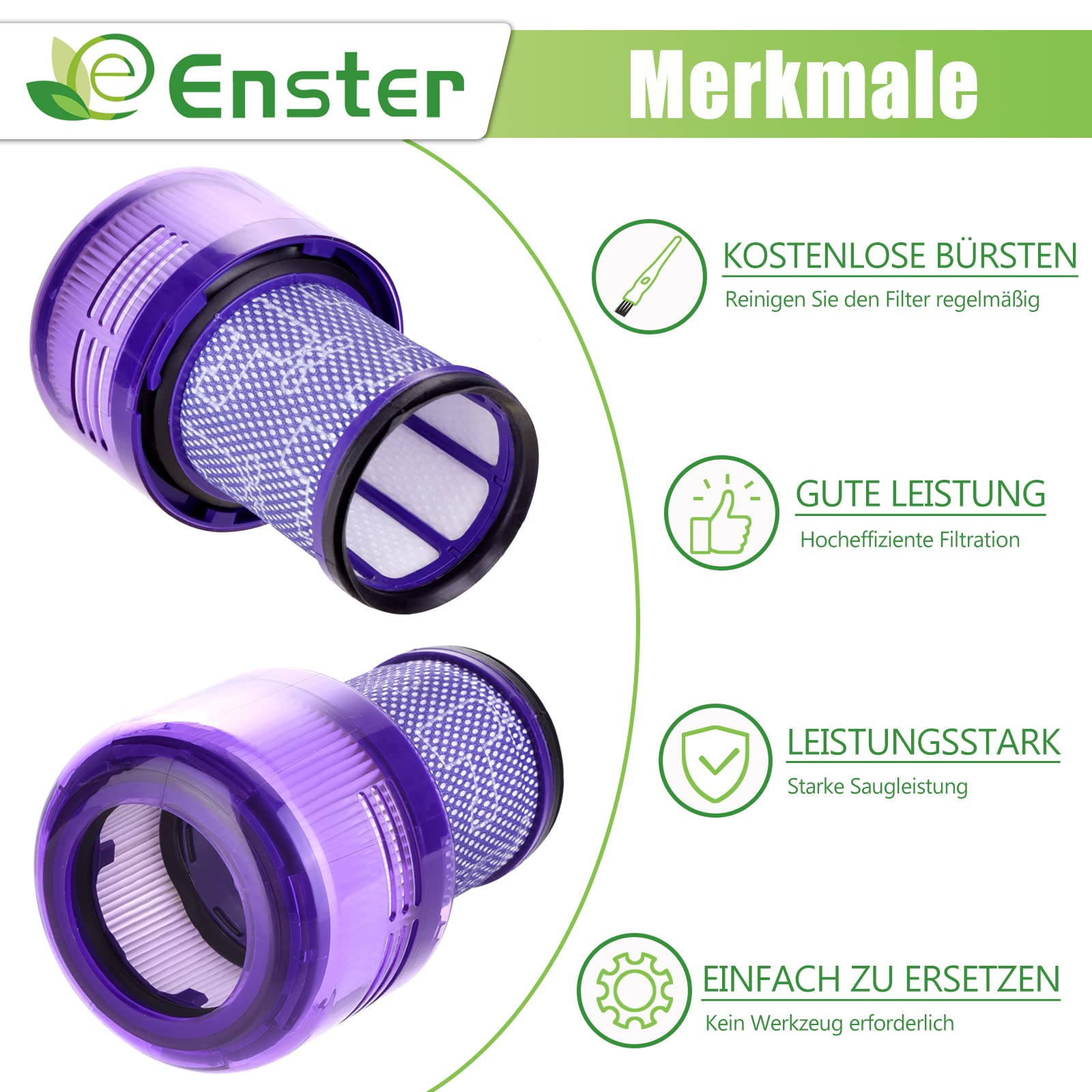 Vakuumfilterteile in Lila und Weiß. Das Bild zeigt einen Filter und seine Eigenschaften, einschließlich des einfachen Austauschs.