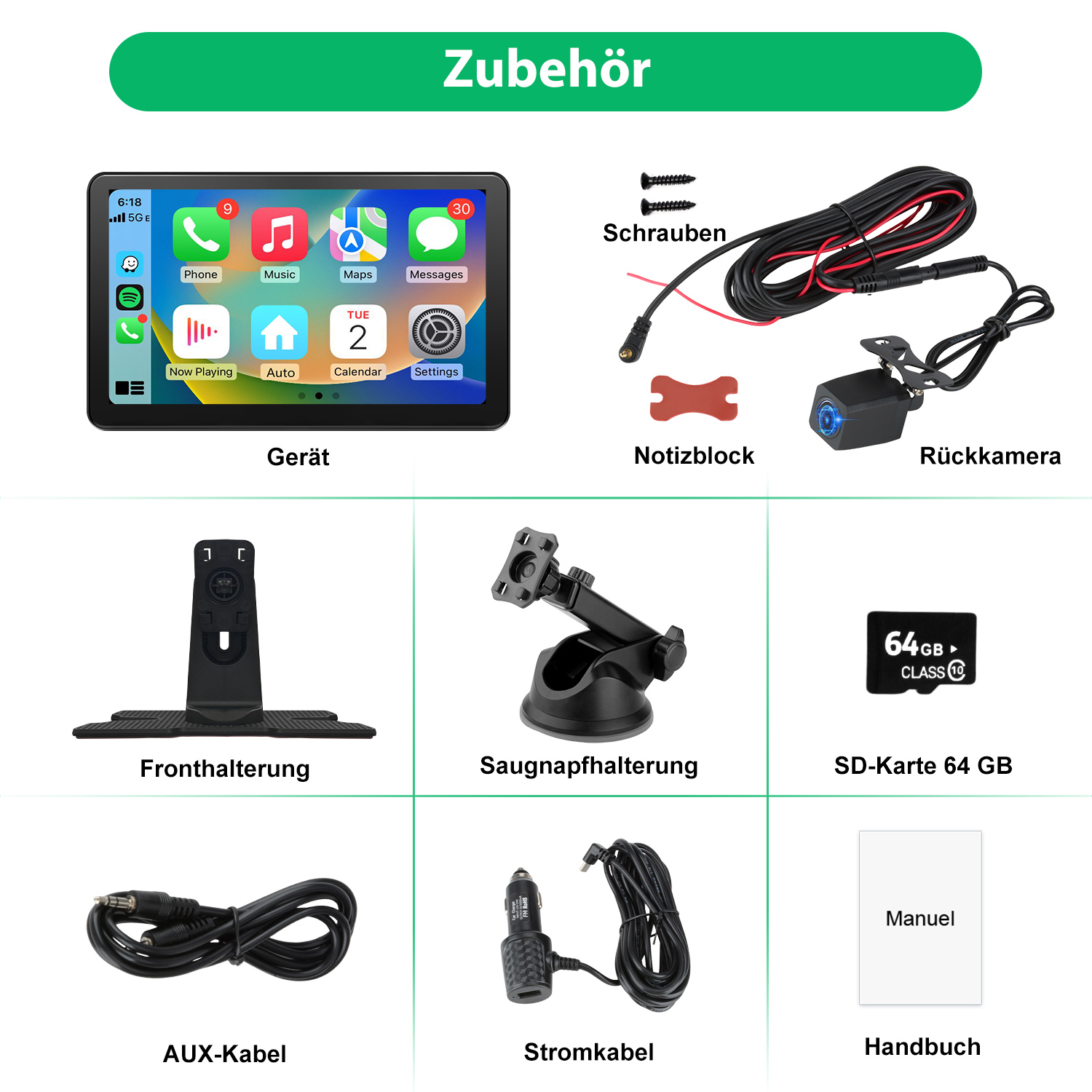 Auto-Zubehör-Set. Enthält einen Bildschirm, eine Rückfahrkamera, eine Halterung und Kabel. Zubehör ist auf Deutsch beschriftet.