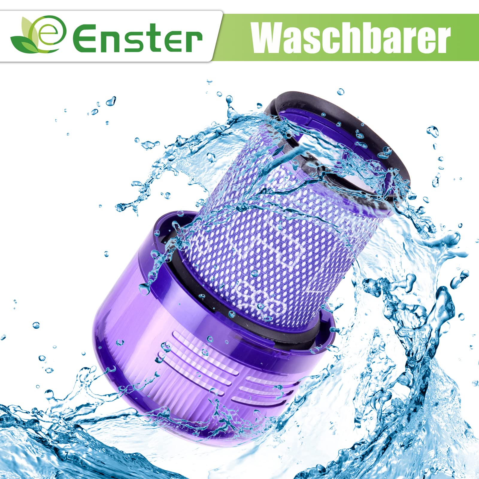 Vakuumfilter im Wasser. Der Filter ist lila, Wasser spritzt um ihn herum. Das Enster-Logo befindet sich oben.