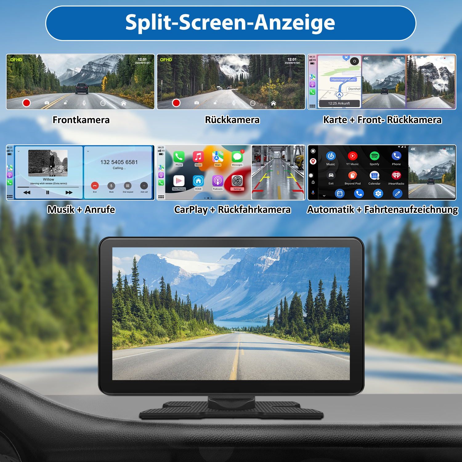 Wyświetlacz samochodowy pokazujący widoki podzielonego ekranu z kamery przedniej, tylnej i nawigacji. CarPlay i sterowanie muzyką.