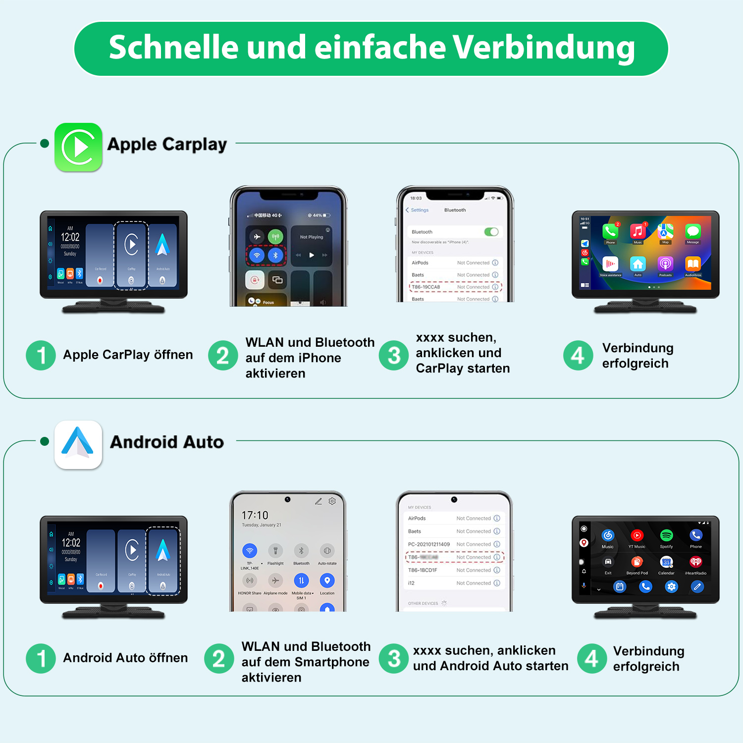 Wyświetlacz samochodowy z instrukcjami połączeń Apple CarPlay i Android Auto. Instrukcje ze zrzutami ekranu.