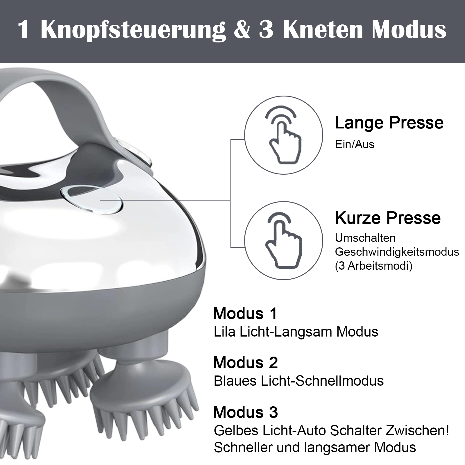 Nahaufnahme des Kopfmassagegeräts mit Text über Steuerung und Modi: langes Drücken, kurzes Drücken, drei Modi.