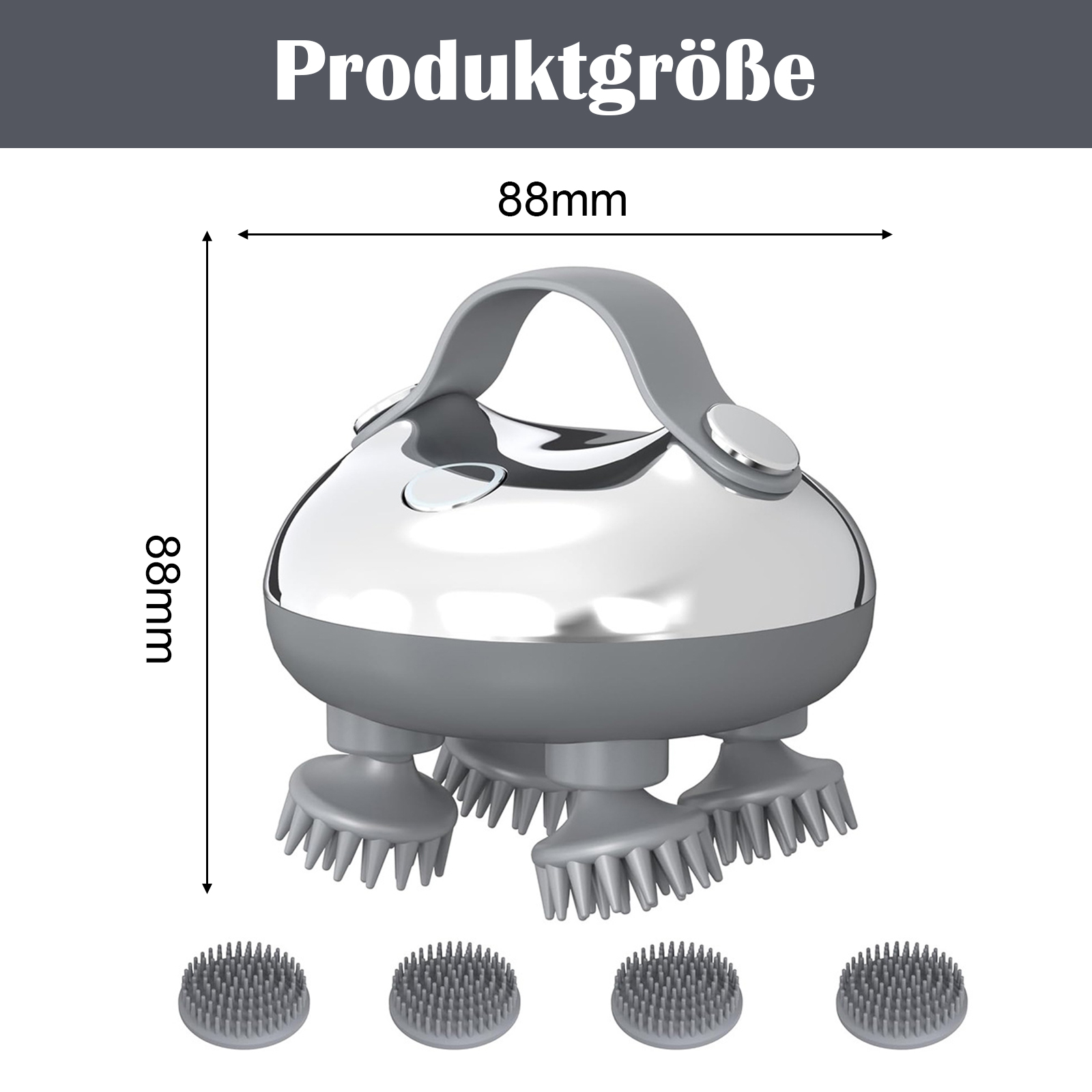 Das Kopfmassagegerät mit Abmessungen: 88 mm x 88 mm. Vier Bürstenköpfe unten im Bild sichtbar.
