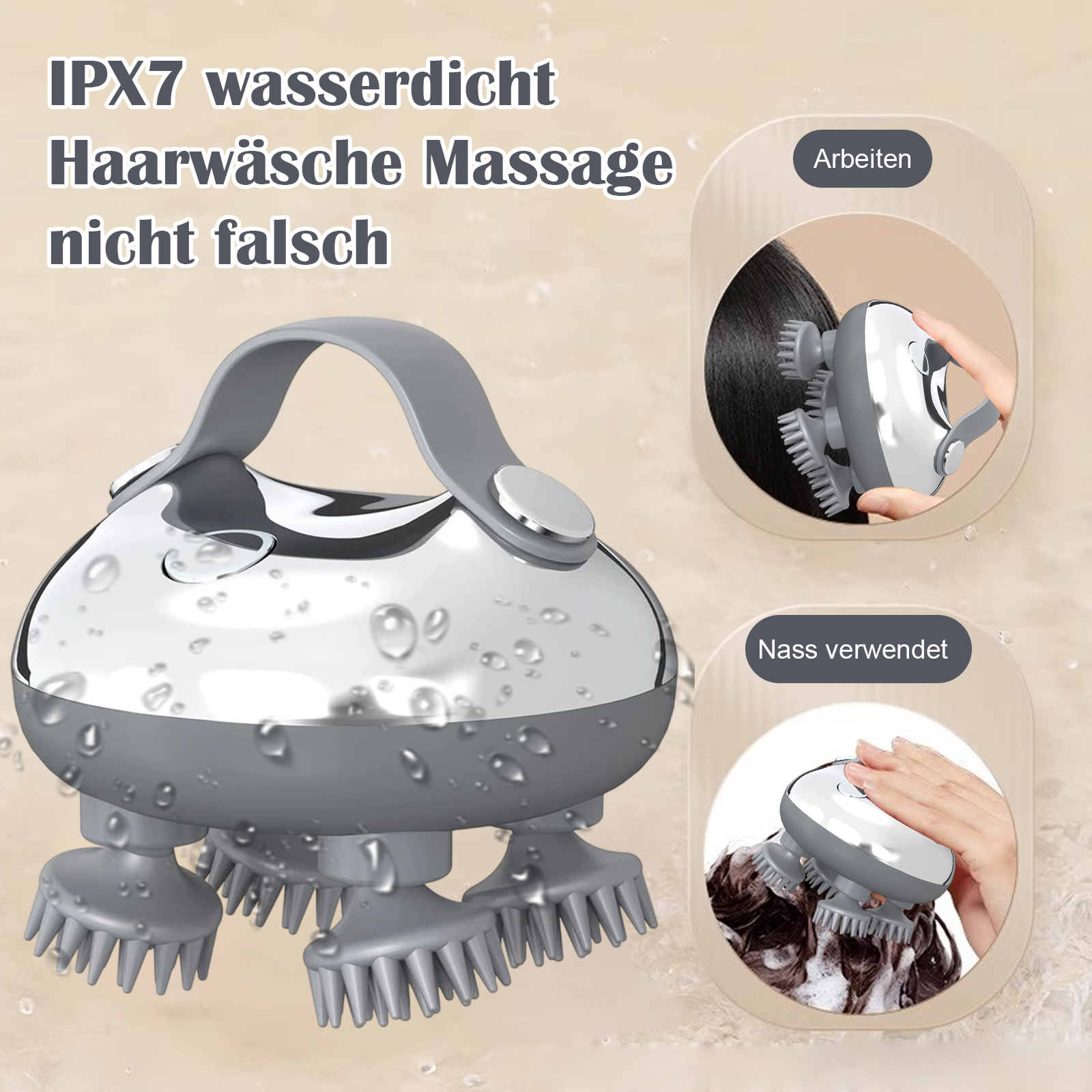 Kopfmassagegerät mit zwei kleineren Bildern: eines im Gebrauch und eines nass. Text: IPX7 wasserdicht, Massage.