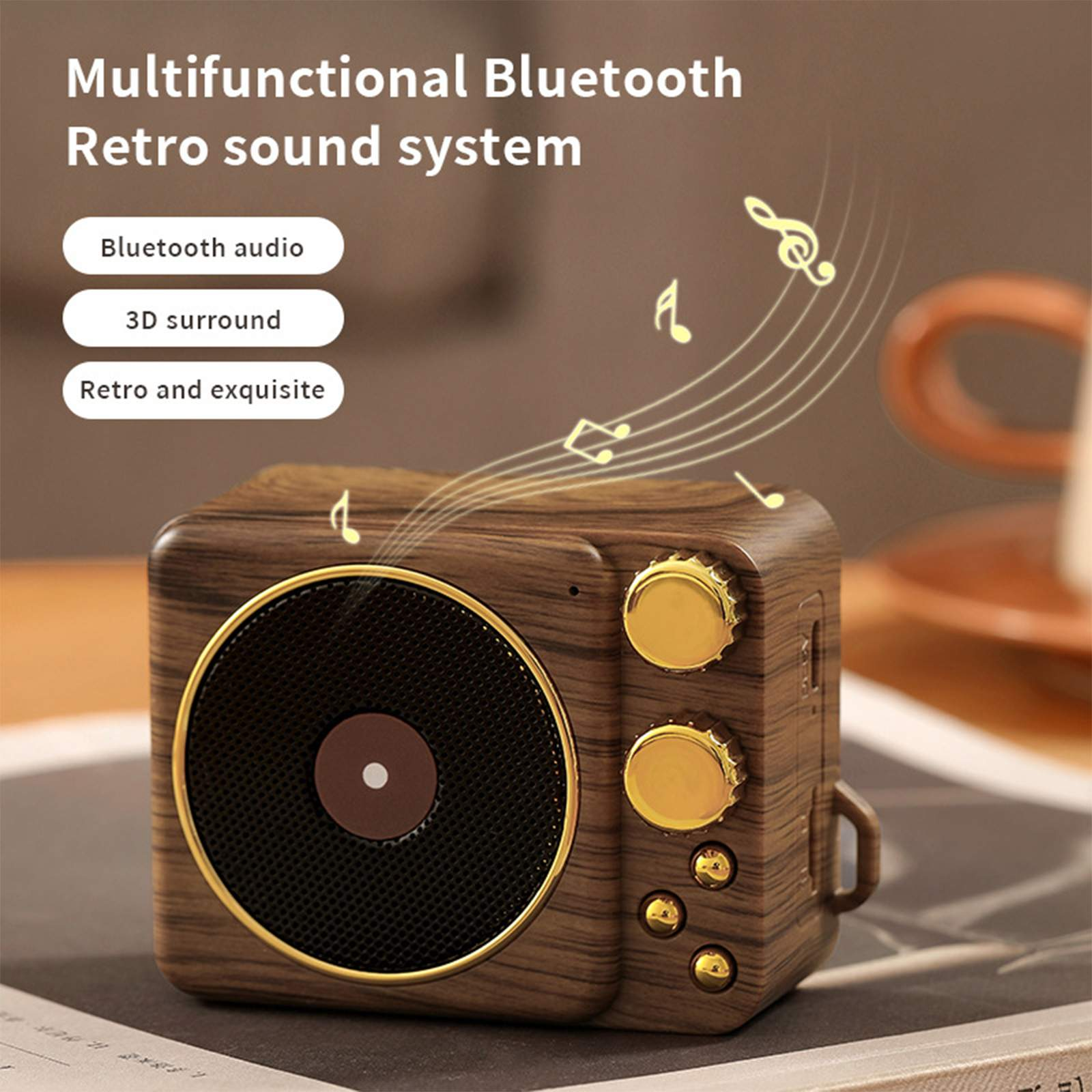 Retro-Holzlautsprecher mit Noten. Text: Multifunktionales Bluetooth-Retro-Soundsystem. Bluetooth-Audio.