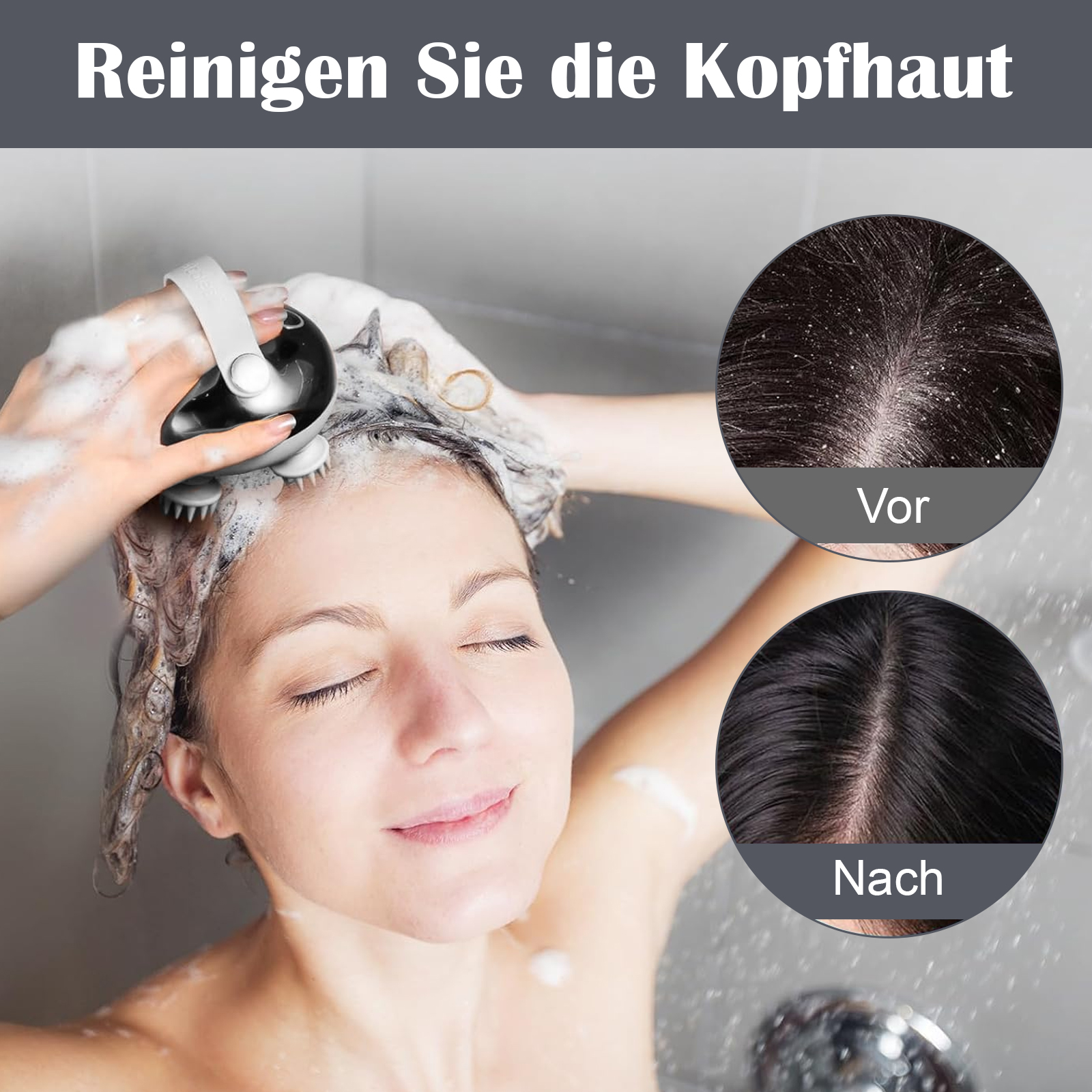 Frau unter der Dusche benutzt ein Kopfmassagegerät. Vorher-Nachher-Bild der Kopfhautreinigung.