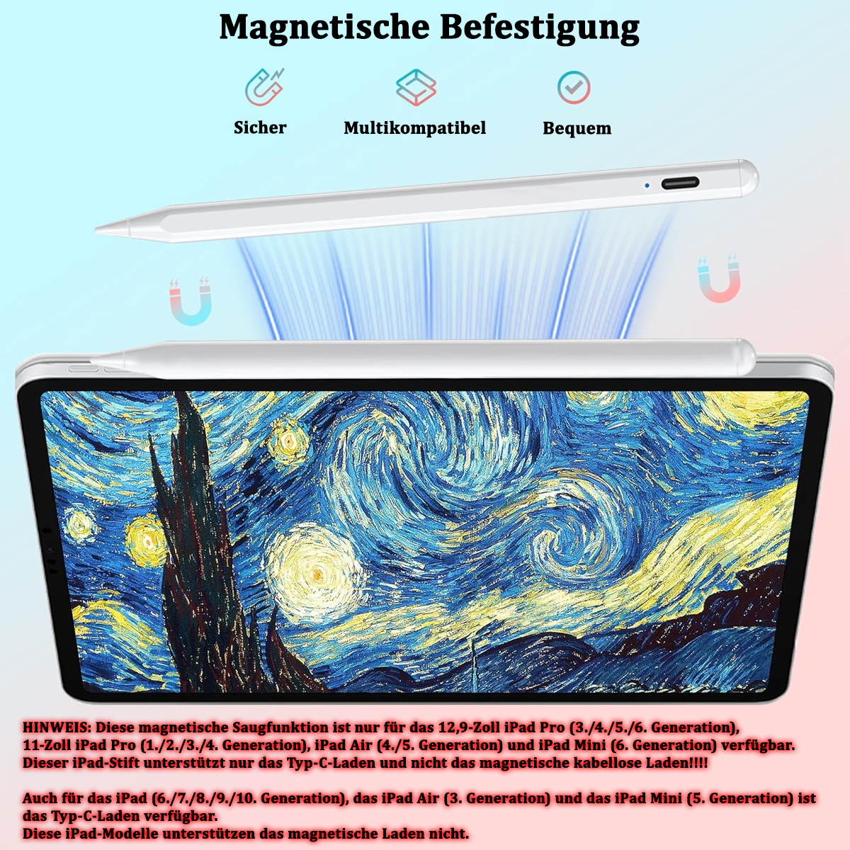 Ein iPad mit einem Sternennacht-Gemälde, mit einem Stift und einem magnetischen Halter.