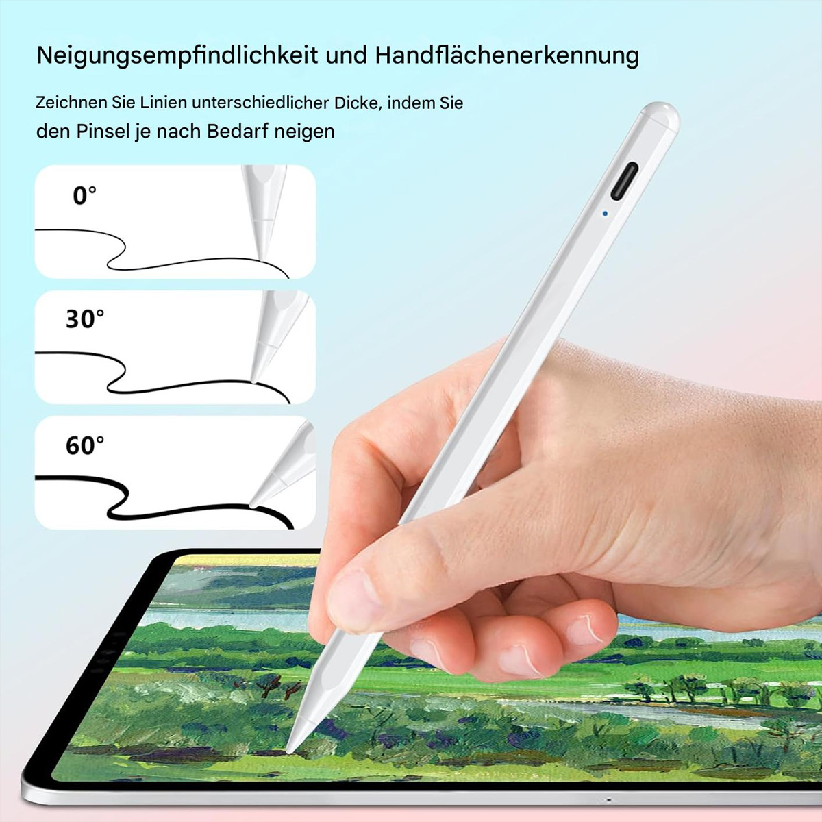 Eine Hand, die einen weißen Stift hält, mit unterschiedlichen Linienstärken bei verschiedenen Winkeln.