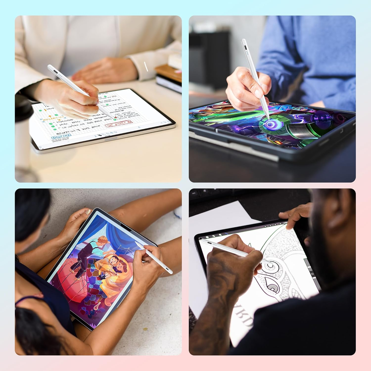 Vier Bilder von Personen, die einen Stift auf einem Tablet verwenden, zeichnen und darauf schreiben.