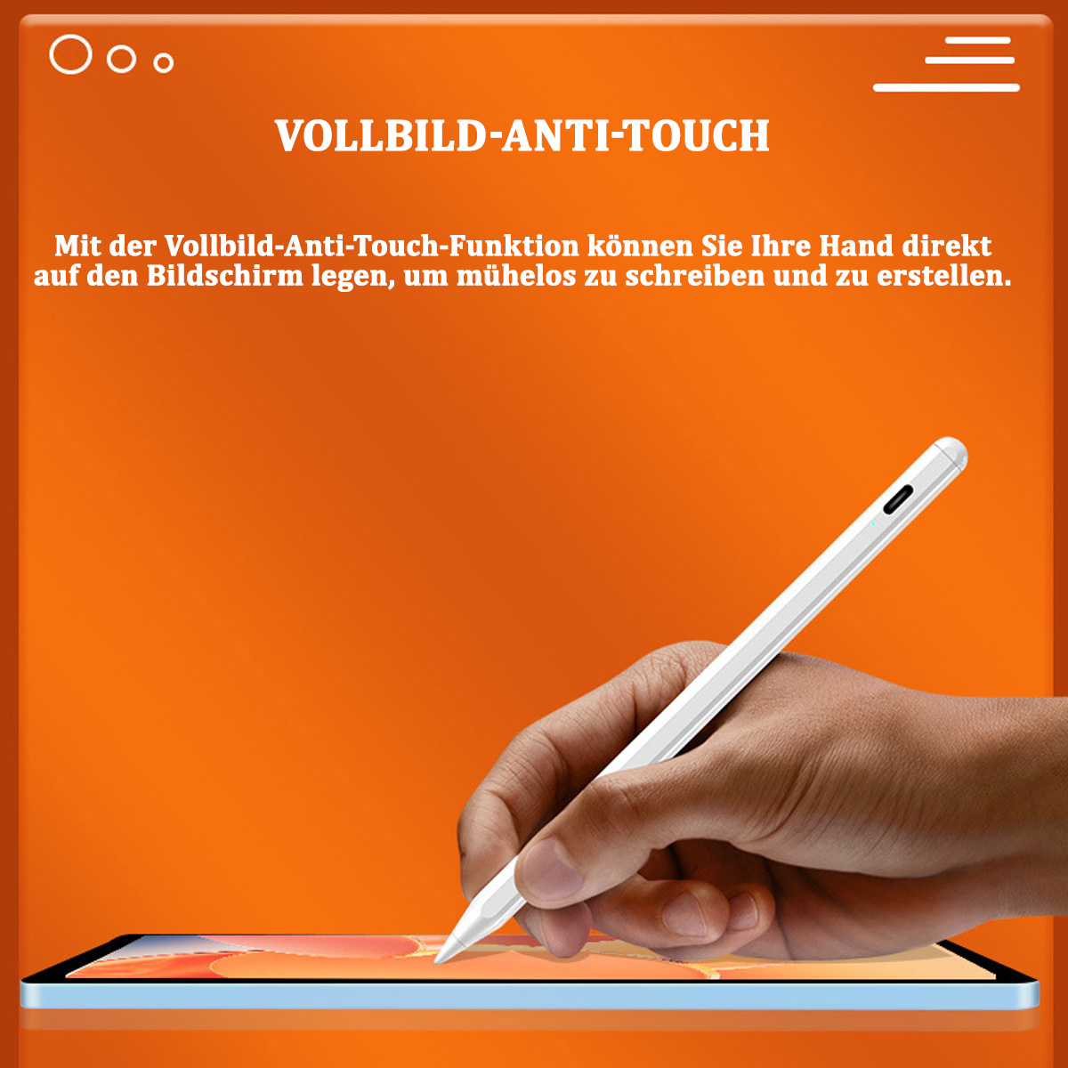 Eine Hand, die einen Stift auf einem Tablet verwendet. Der Bildschirm zeigt Text und einen orangefarbenen Hintergrund.