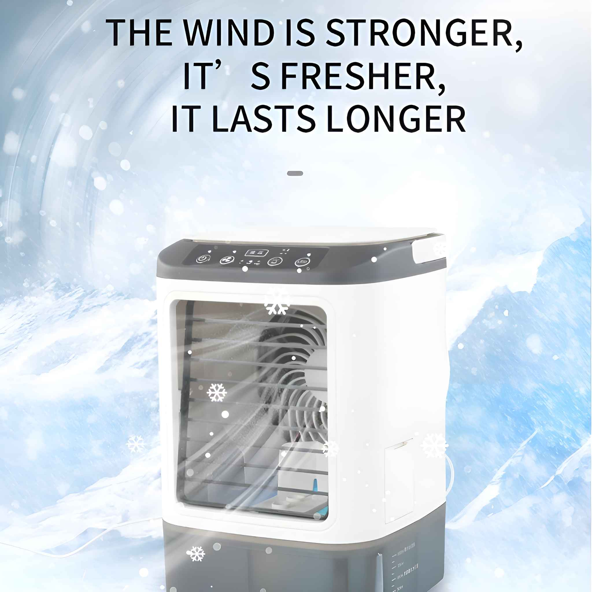 Weiß-grauer Luftkühler mit Schneeflocken überlagert. Text: Der Wind ist stärker, frischer, hält länger.