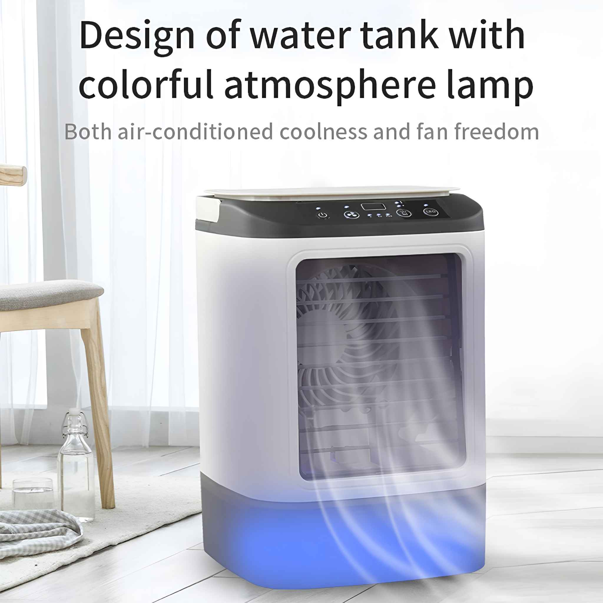 Weiß-grauer Luftkühler mit blauem Leuchten am Boden. Text über das Design des Wassertanks.