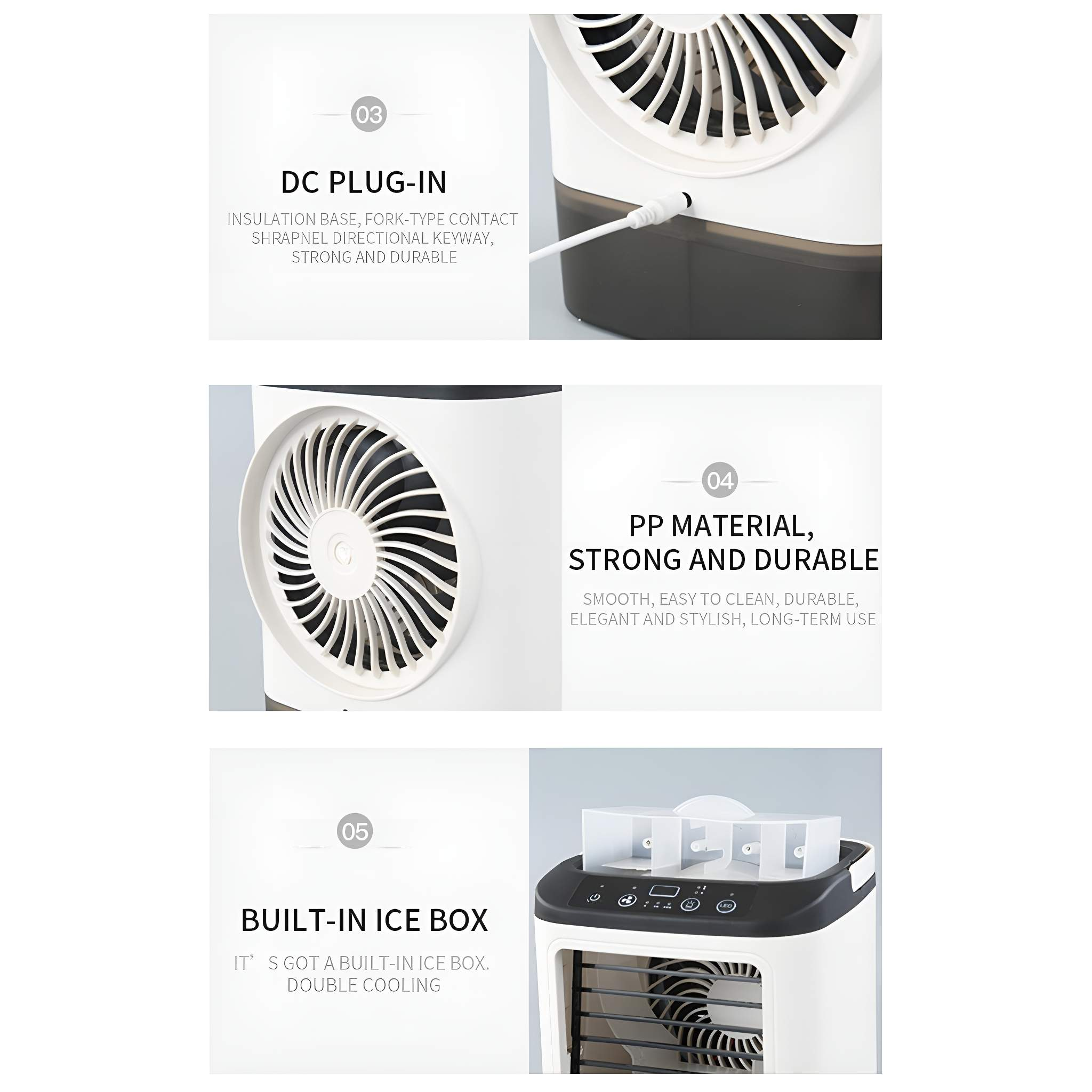 Luftkühlungsdetails: DC-Plug-in, PP-Material, eingebauter Eisbehälter und Lüfterdetails. Weißer Hintergrund.