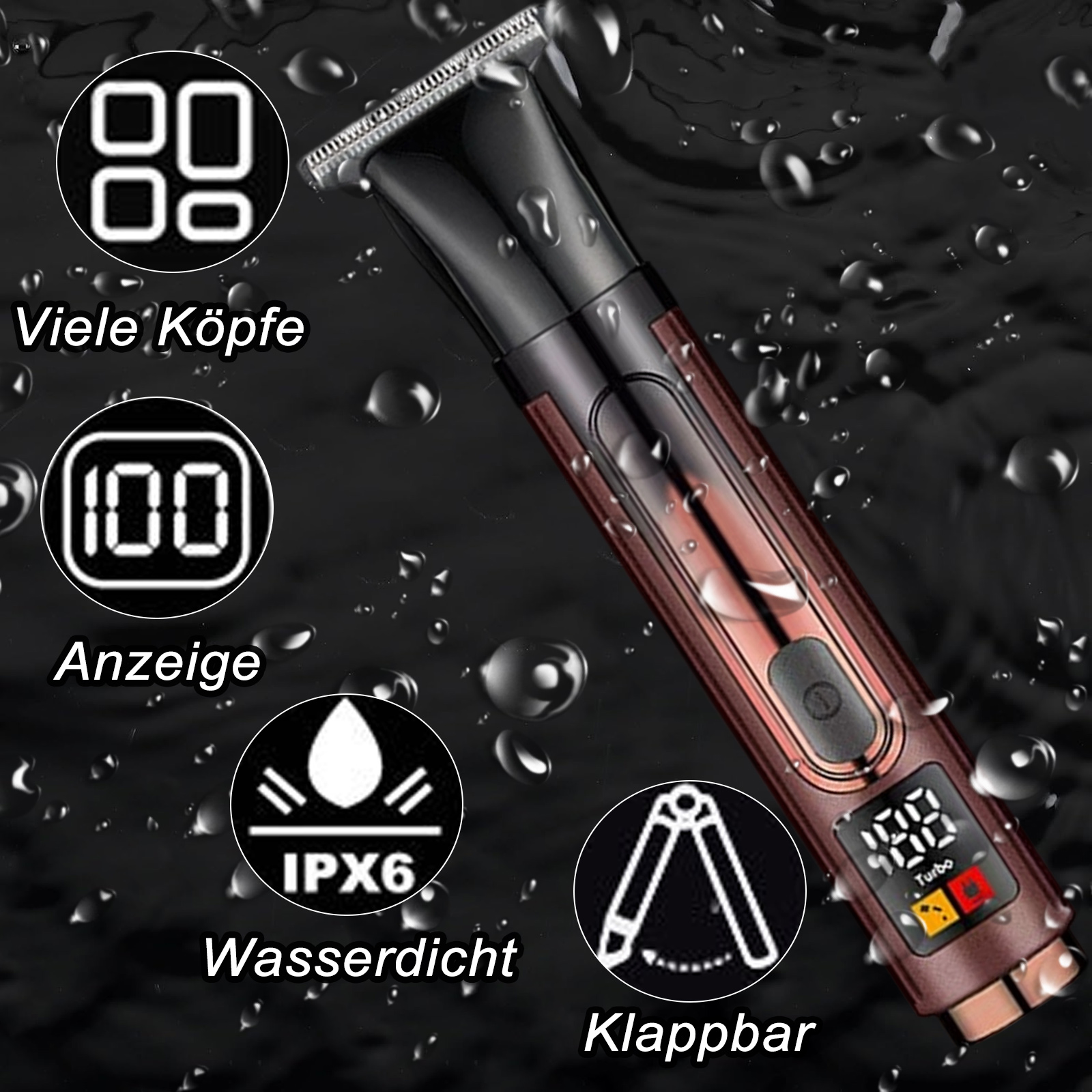 Ein Pflege-Werkzeug mit Symbolen, die Funktionen anzeigen: mehrere Köpfe, Akkulaufzeit, IPX6-Wasserbeständigkeit und Faltbarkeit.