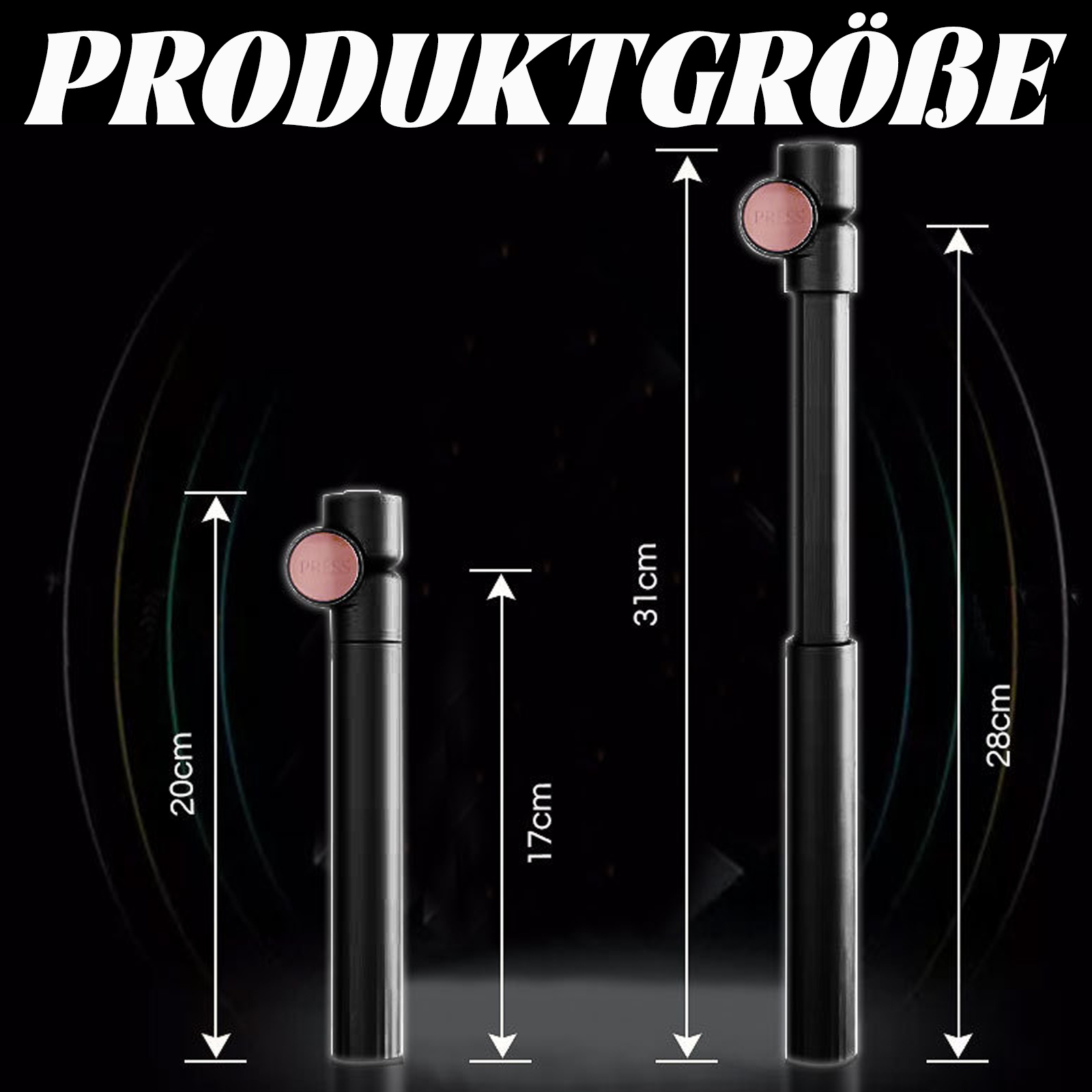 Diagramm, das die Abmessungen eines Pflege-Werkzeugs zeigt. Es zeigt zwei Größen mit Maßen in Zentimetern für die Höhe.
