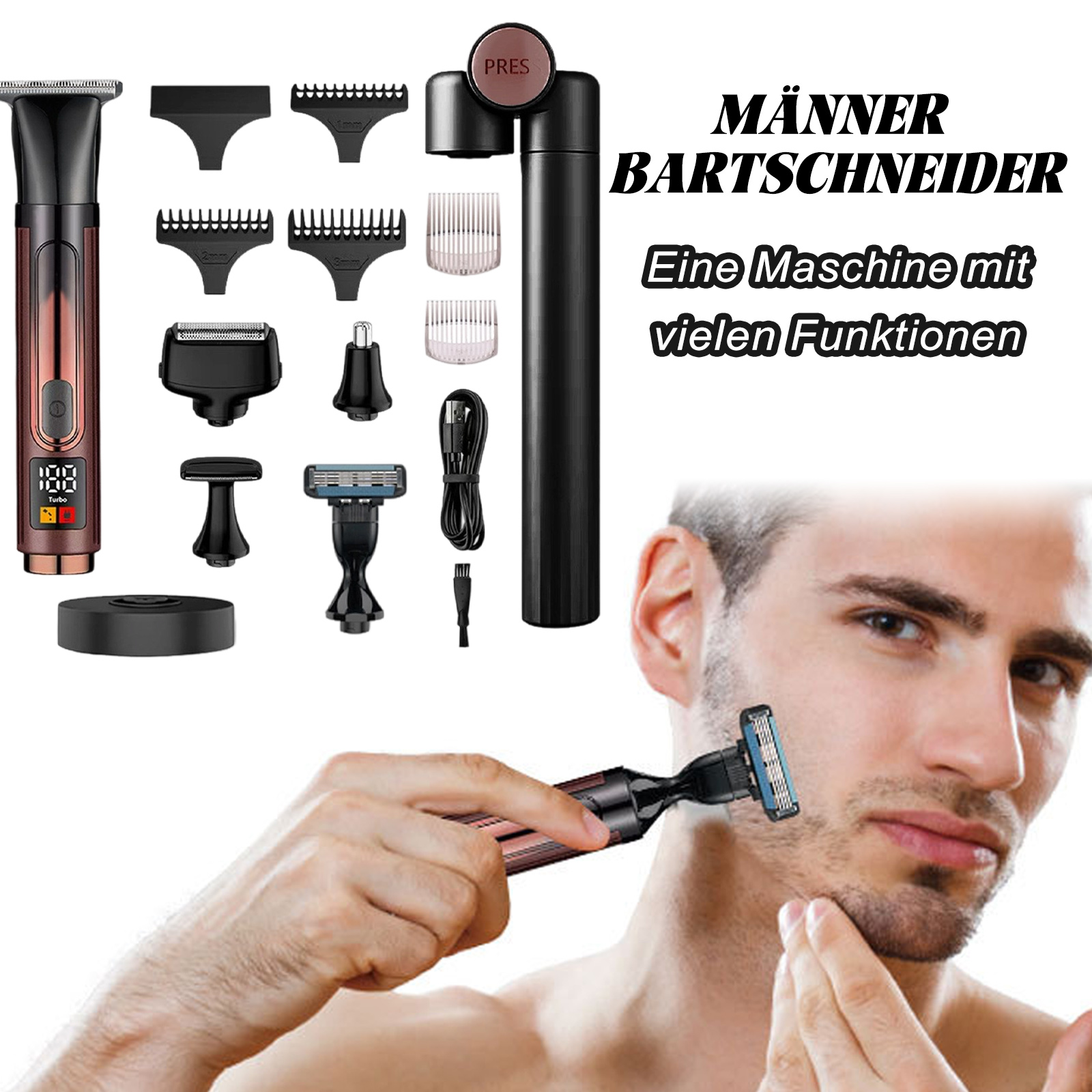 Ein Mann rasiert sich mit einem Pflege-Werkzeug, das Set ist ausgebreitet. Text sagt 'Männer-Bartschneider, eine Maschine mit vielen Funktionen'.