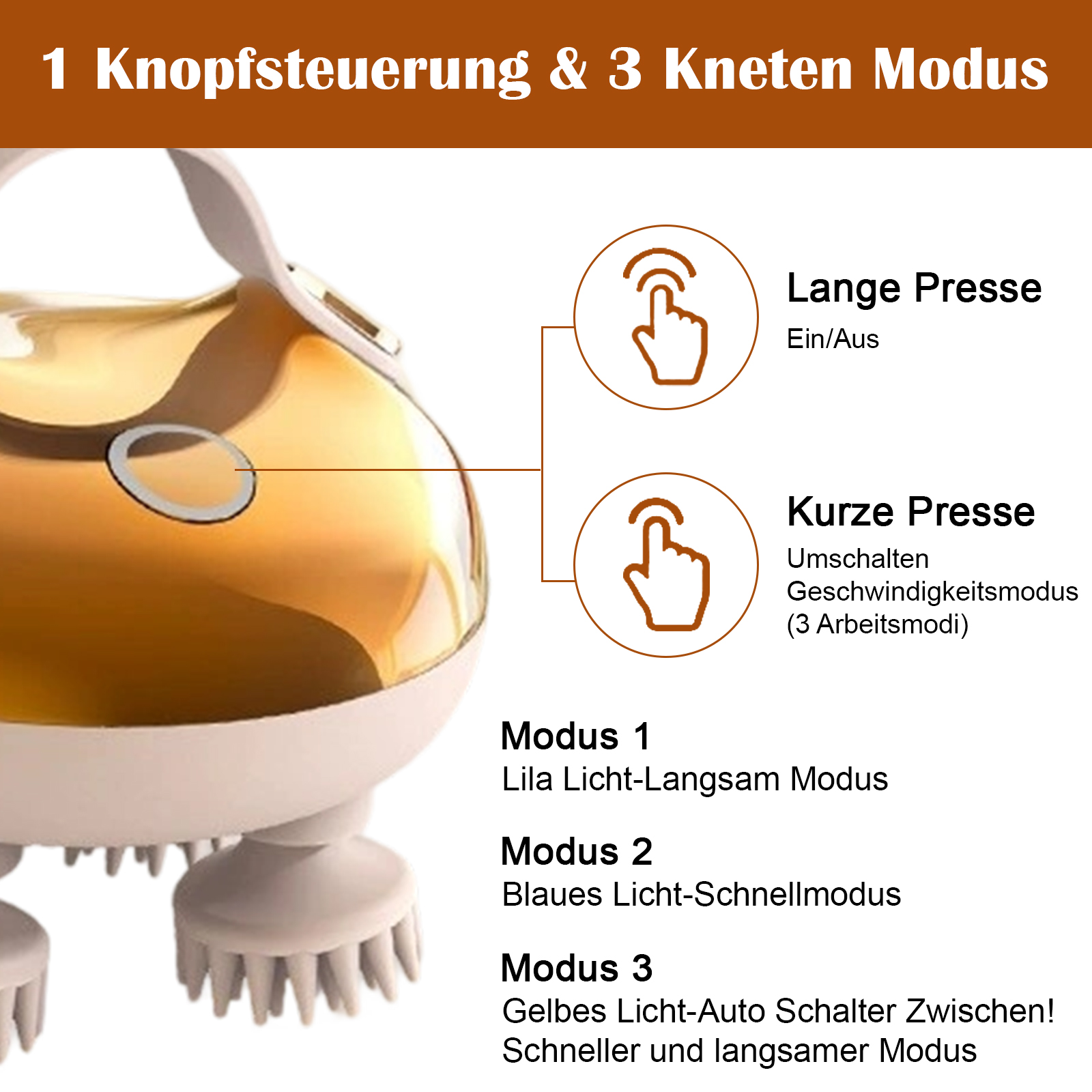 Diagramm eines Kopfmassagegeräts mit Tastensteuerung und drei Massagemodi mit verschiedenen Lichteinstellungen.