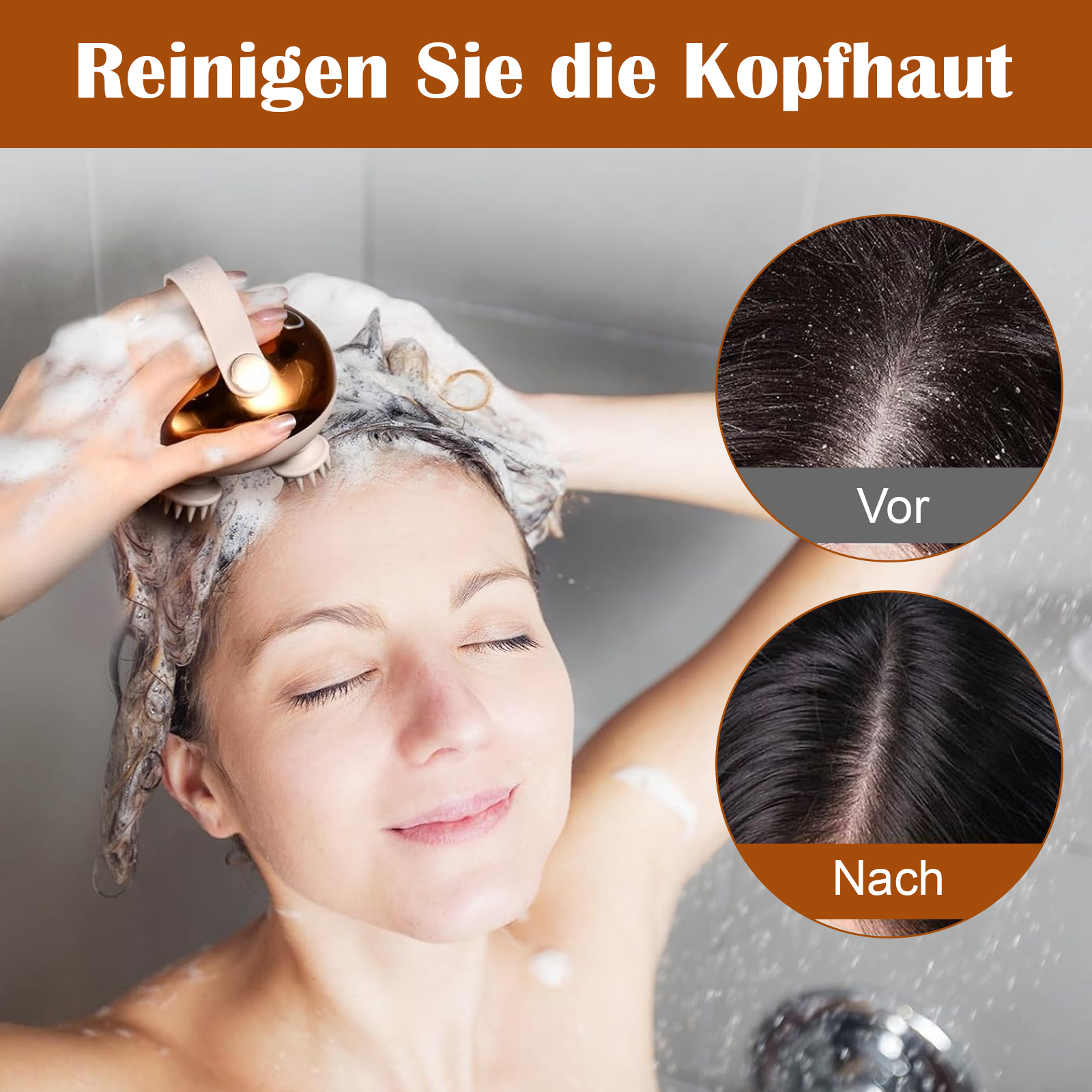 Eine Frau benutzt einen Kopfmassagegerät unter der Dusche. Vorher- und Nachher-Bilder zeigen eine saubere Kopfhaut.