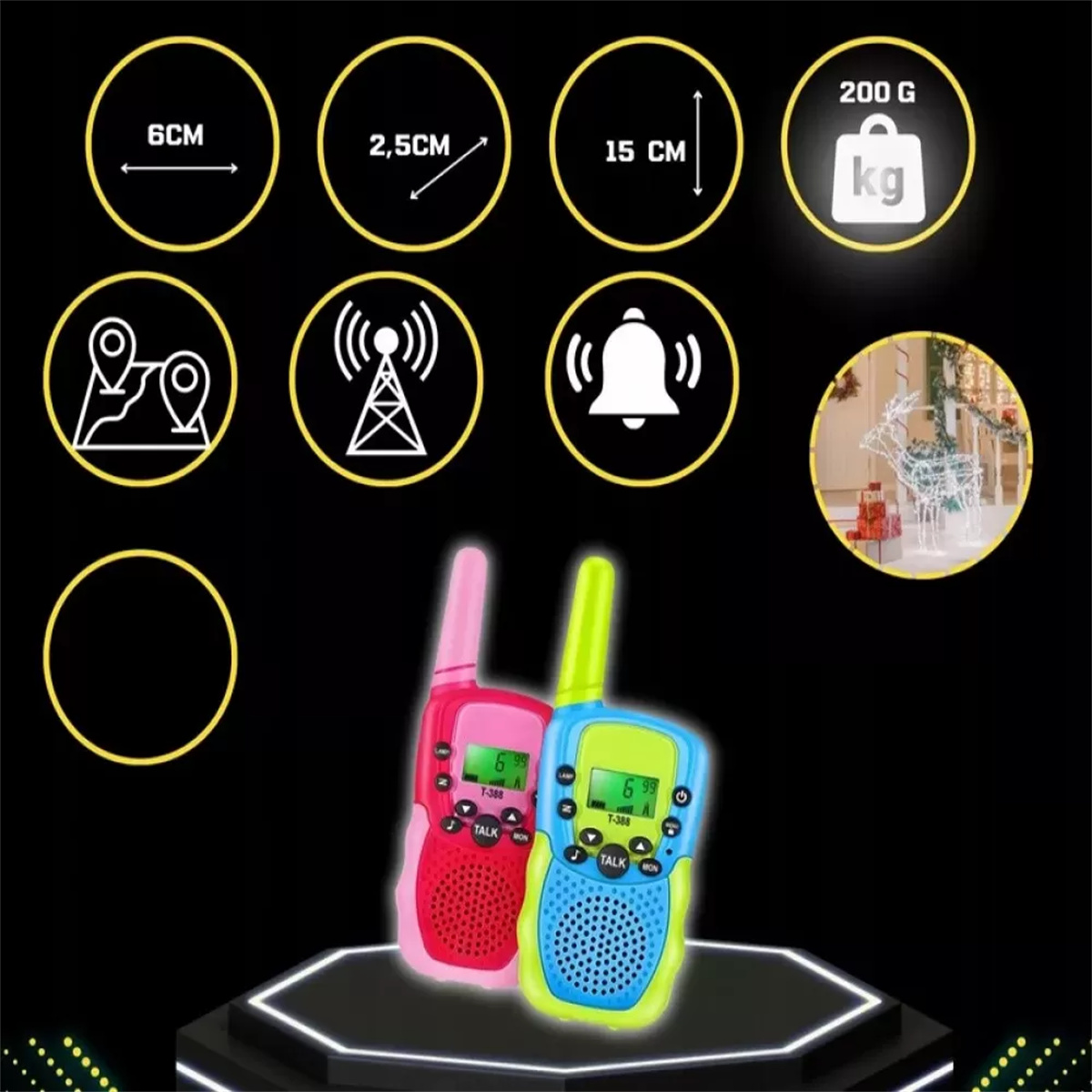 Zwei Walkie-Talkies, rosa und blau, mit Maßen und Symbolen auf dunklem Hintergrund.