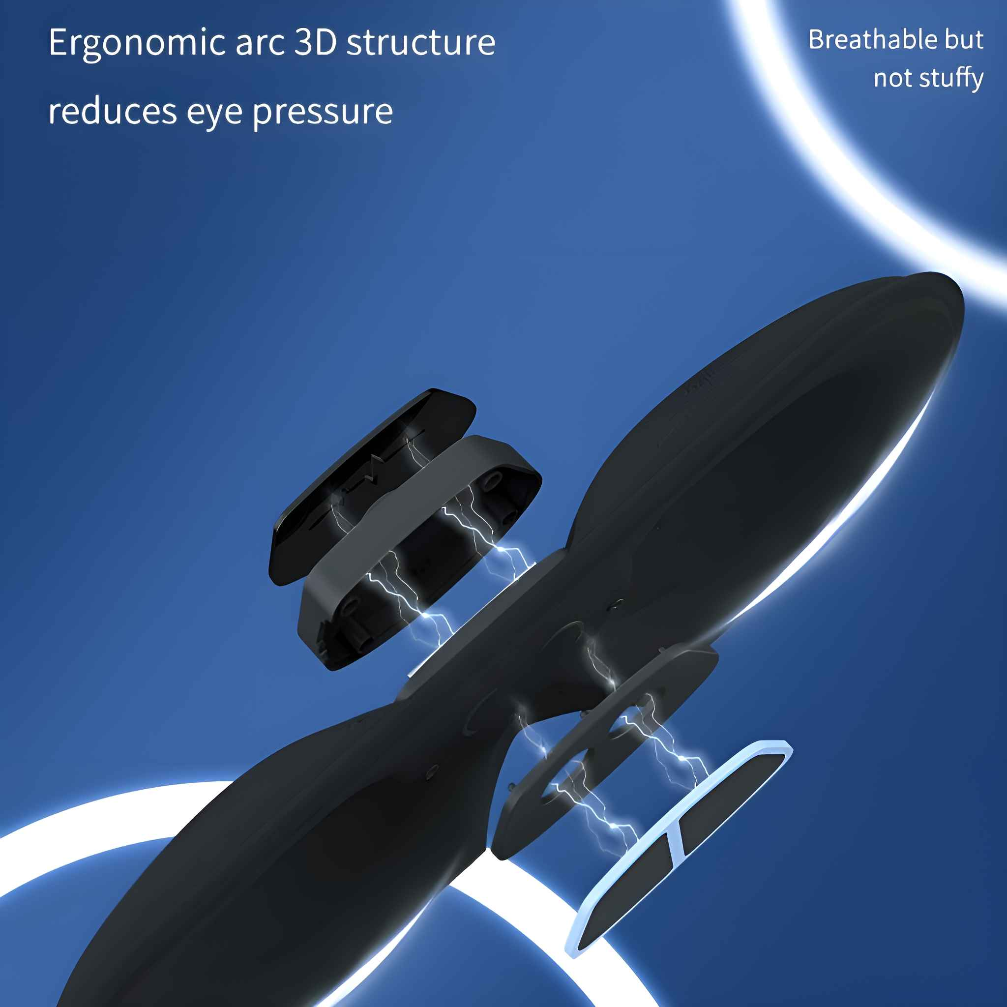 Schwarze Augenmaske mit 3D-Struktur. Text hebt ergonomisches Design und reduzierten Augendruck hervor.
