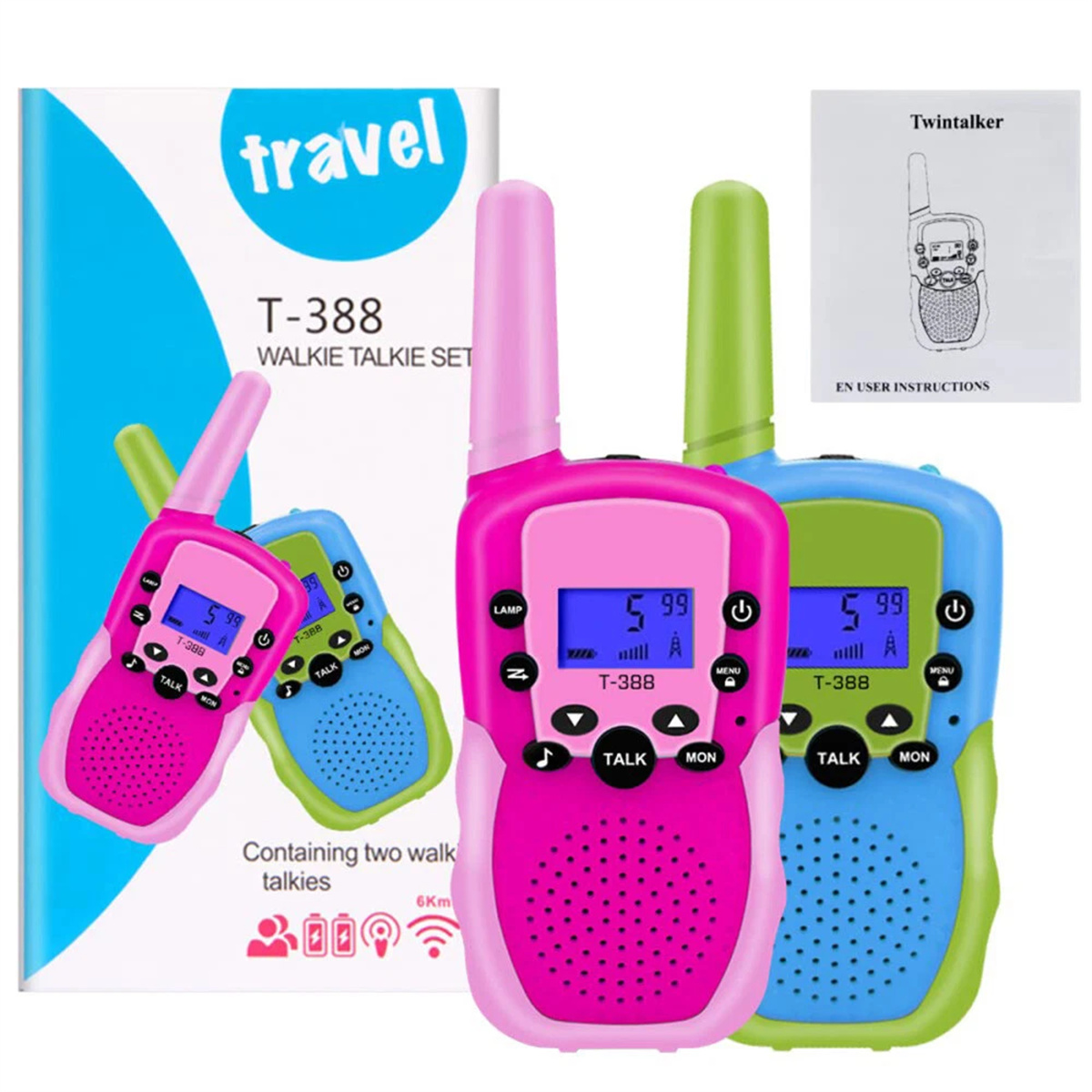 Verpackung mit Walkie-Talkies. Zwei Talkies sichtbar. Text auf der Verpackung beschreibt das Produkt.