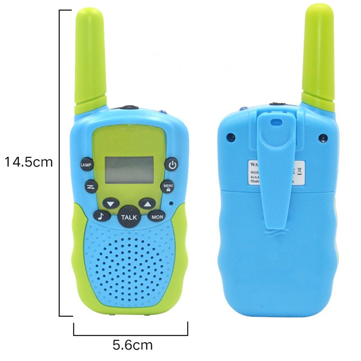 Blaues und grünes Walkie-Talkie. Messungen und Etiketten sind auf dem Gerät sichtbar.