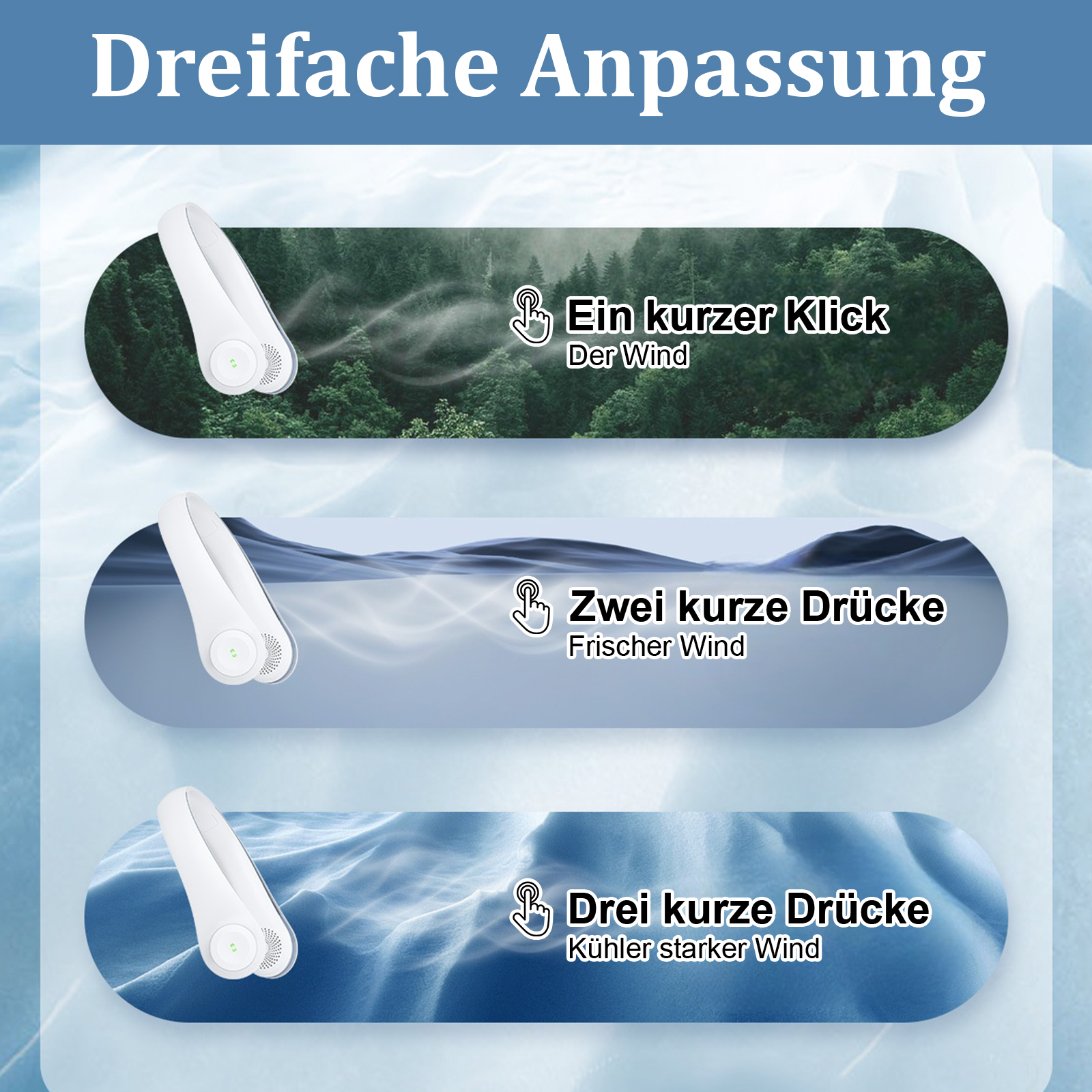 Diagramm, das drei Windstufen für einen Nackenfächer veranschaulicht: sanft, frisch und kühl, jeweils durch Symbole angezeigt.