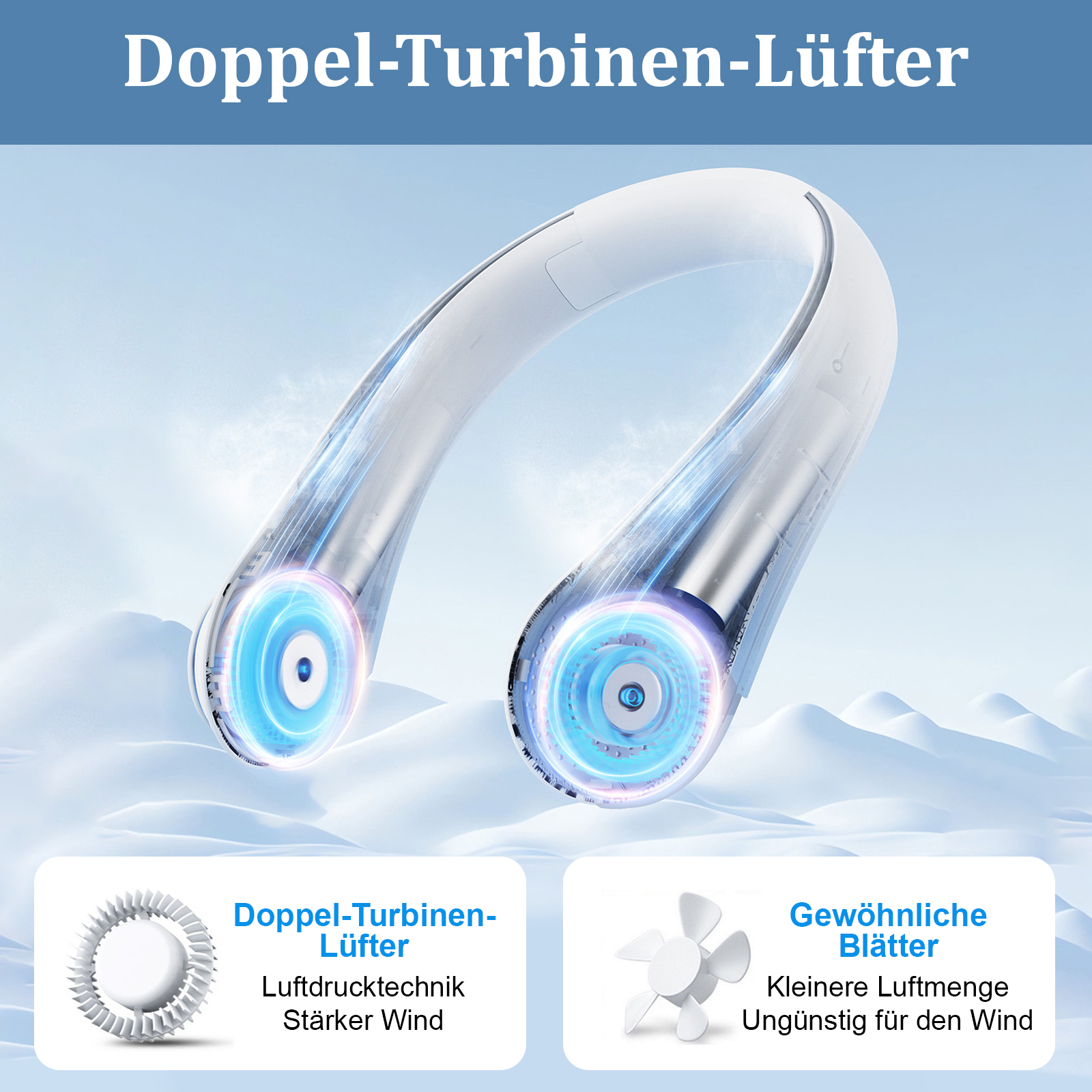 Diagramm, das das Doppel-Turbinen-Lüfterdesign eines Nackenfächers im Vergleich zu gewöhnlichen Blättern zeigt, wobei stärkerer Wind hervorgehoben wird.