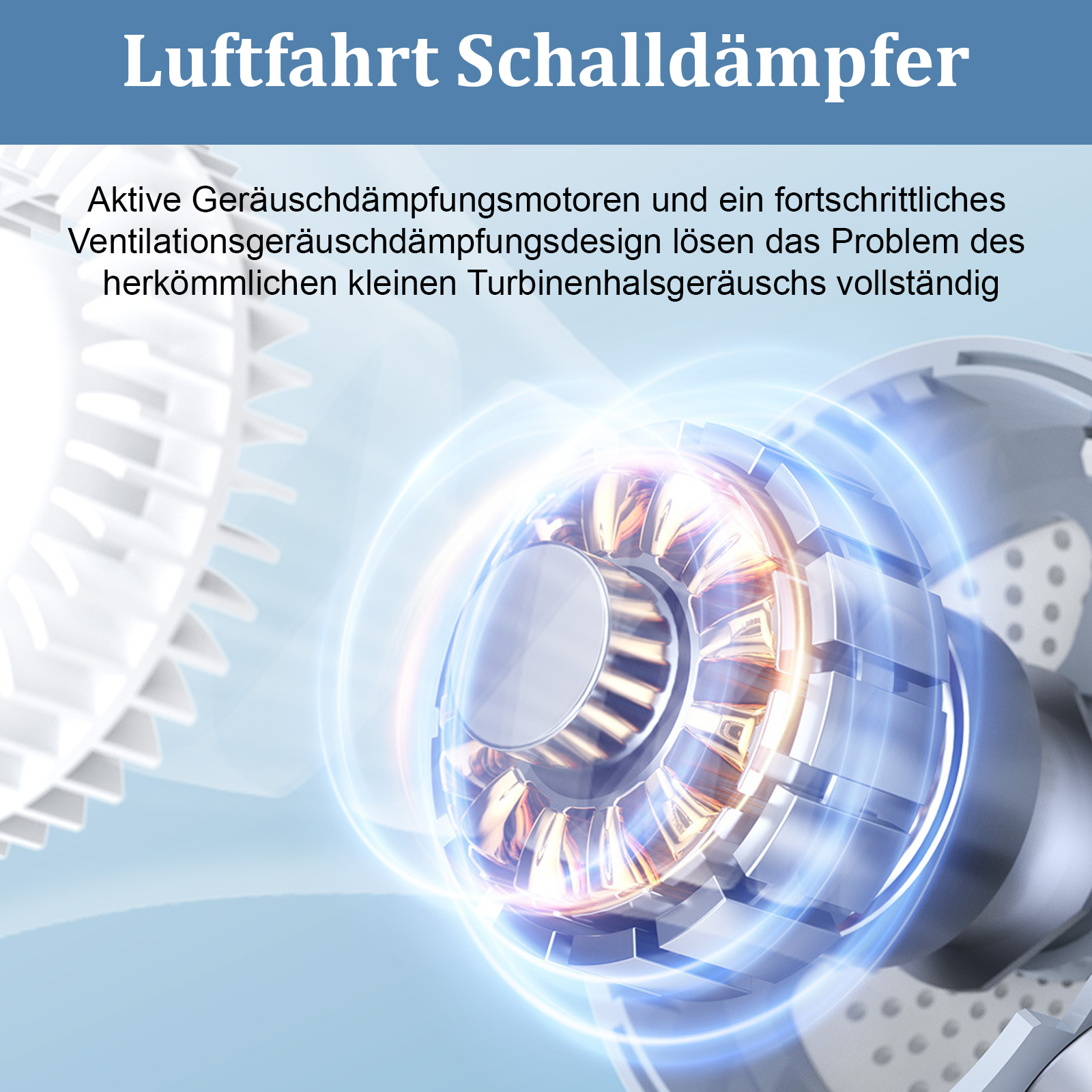 Detailliertes Bild der internen Komponenten eines Lüfters. Es zeigt den aktiven Geräuschreduzierungs-Motor und das Belüftungsdesign.