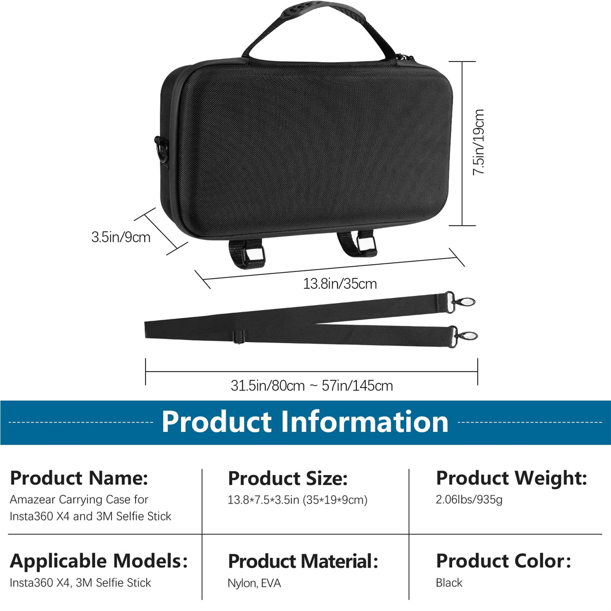 Eine schwarze Tragetasche mit Abmessungen und Produktinformationstext.
