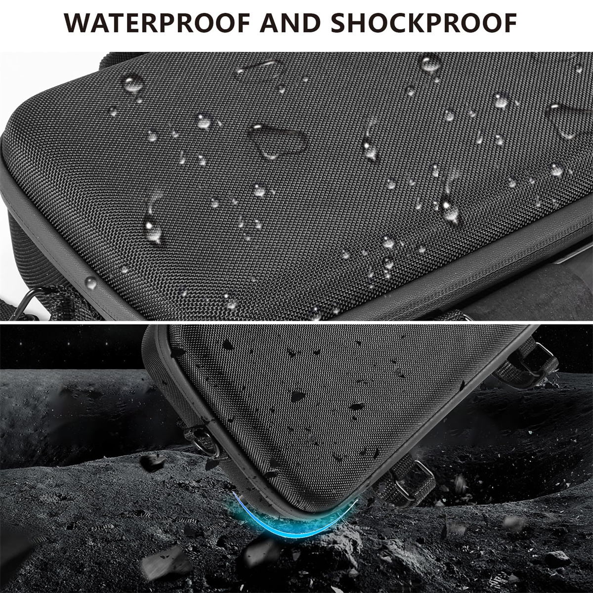 Nahaufnahme einer schwarzen Tragetasche, die wasserdichte und stoßfeste Eigenschaften zeigt. Wassertropfen sichtbar.