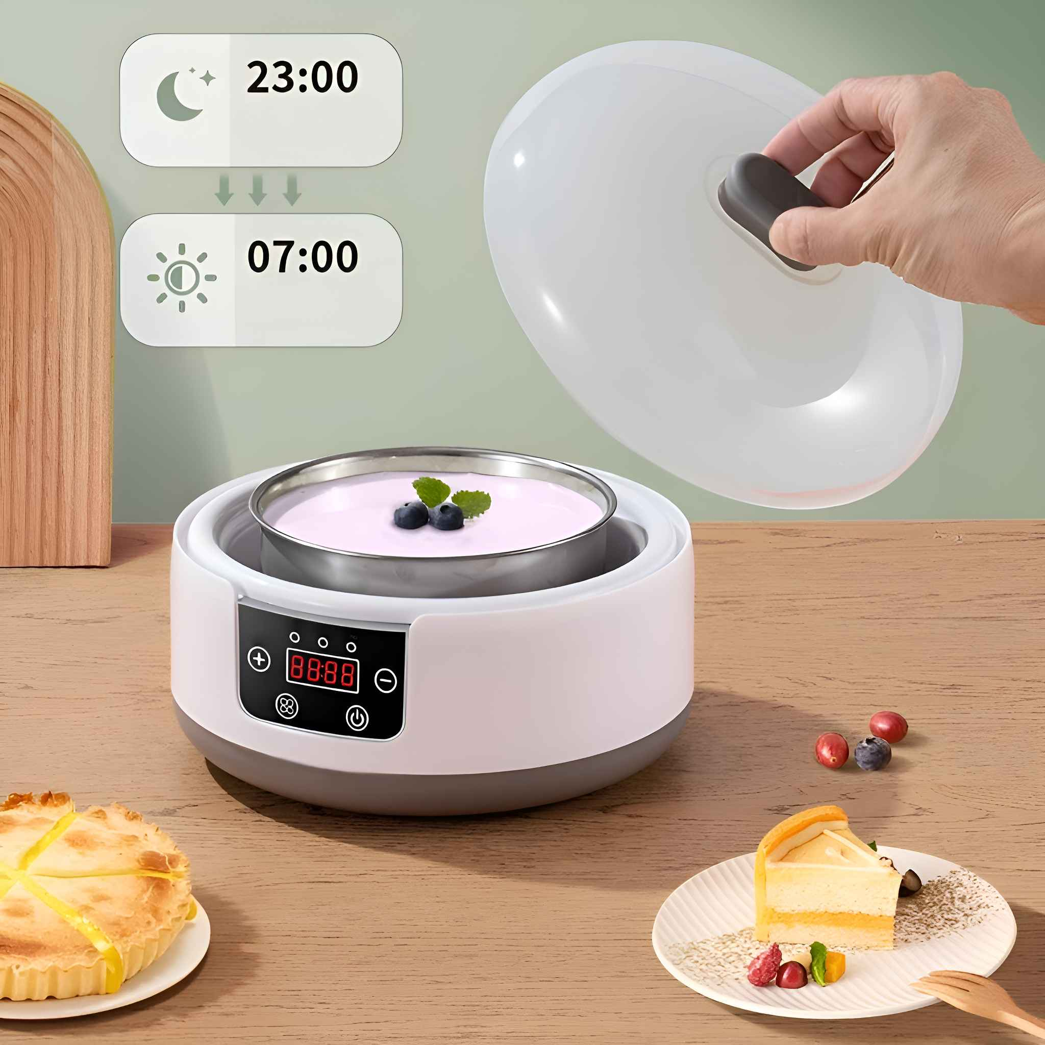 Ein Joghurtbereiter zeigt die Zeiteinstellungen, eine abgedeckte Schüssel Joghurt und andere Lebensmittel.