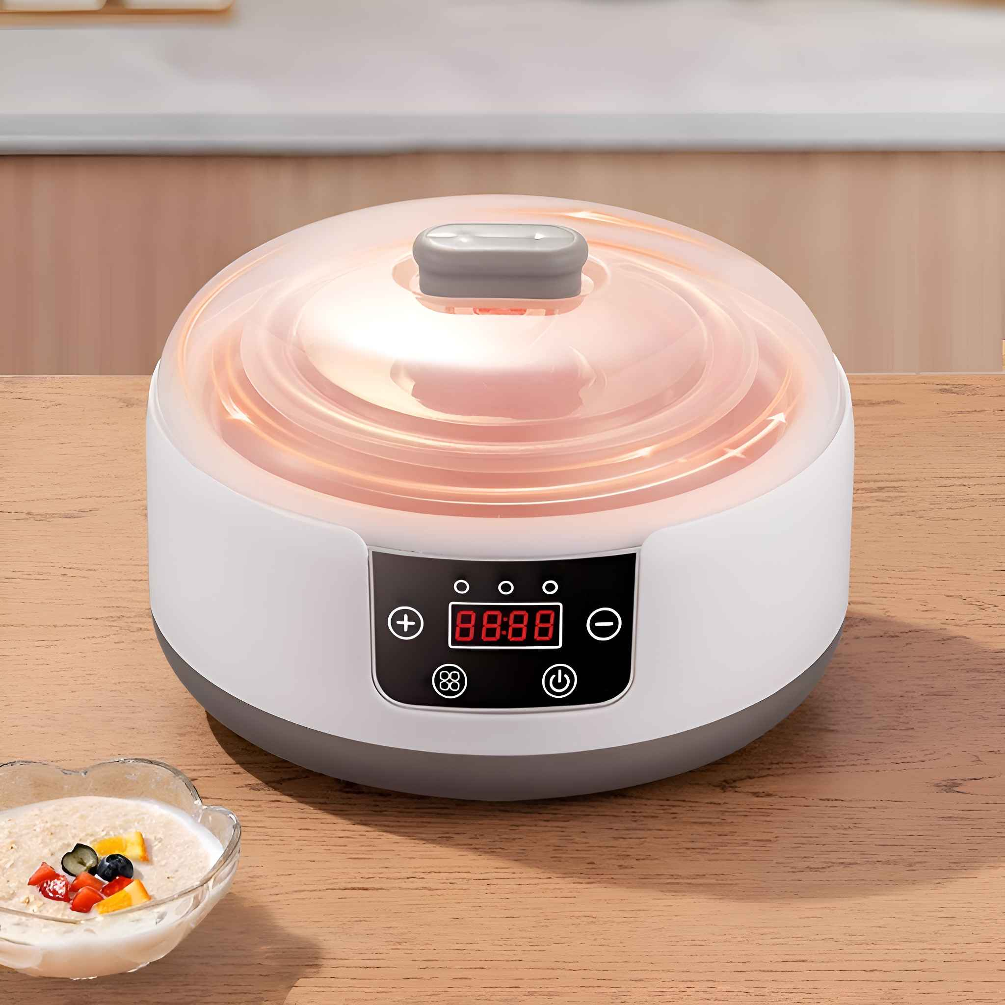 Ein Joghurtbereiter mit Deckel. Eine Schüssel Joghurt und Früchte ist auf einem Holztisch sichtbar.