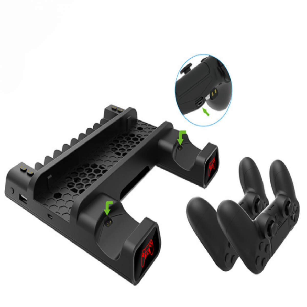 Eine schwarze Ladestation für Gamecontroller mit zwei Controllern. Die Station hat ein Wabenmuster.
